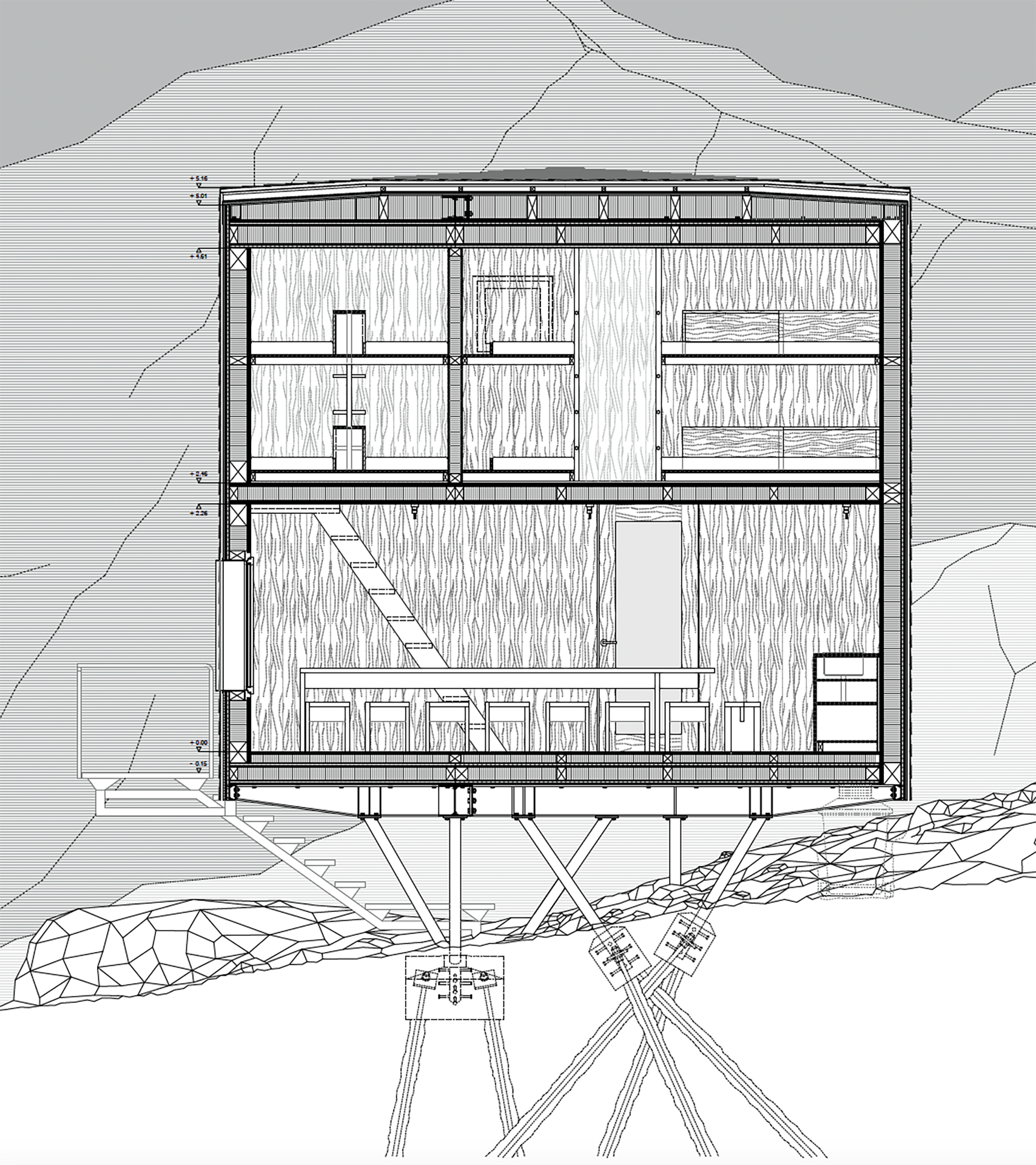 Comme on le voit dans la coupe longitudinale du projet Cube magique, l’apparente légèreté du projet implique d’importants travaux de forage de micropieux, malgré sa forme d’étrave obtenue par une rotation de 45° de son plan.