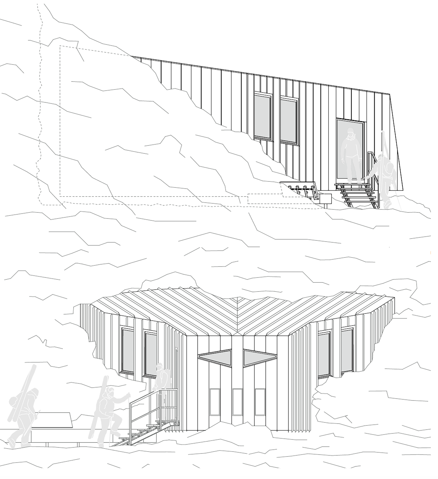 Élévations du projet Peaky Bear Spirit, dont la géométrie en forme de tête d’ours s’enfonce dans le relief.