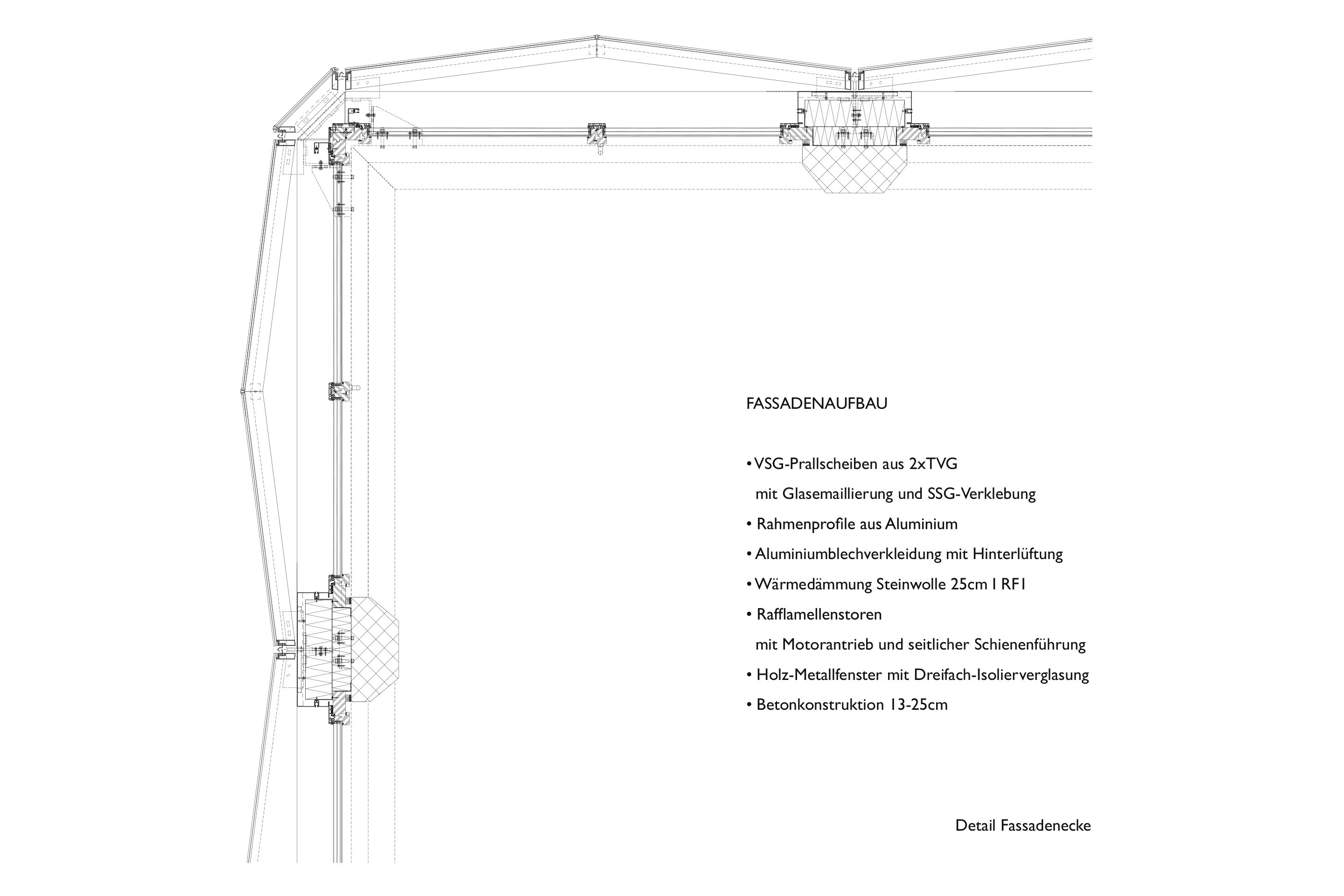 Structure et détail de l'angle de la façade.