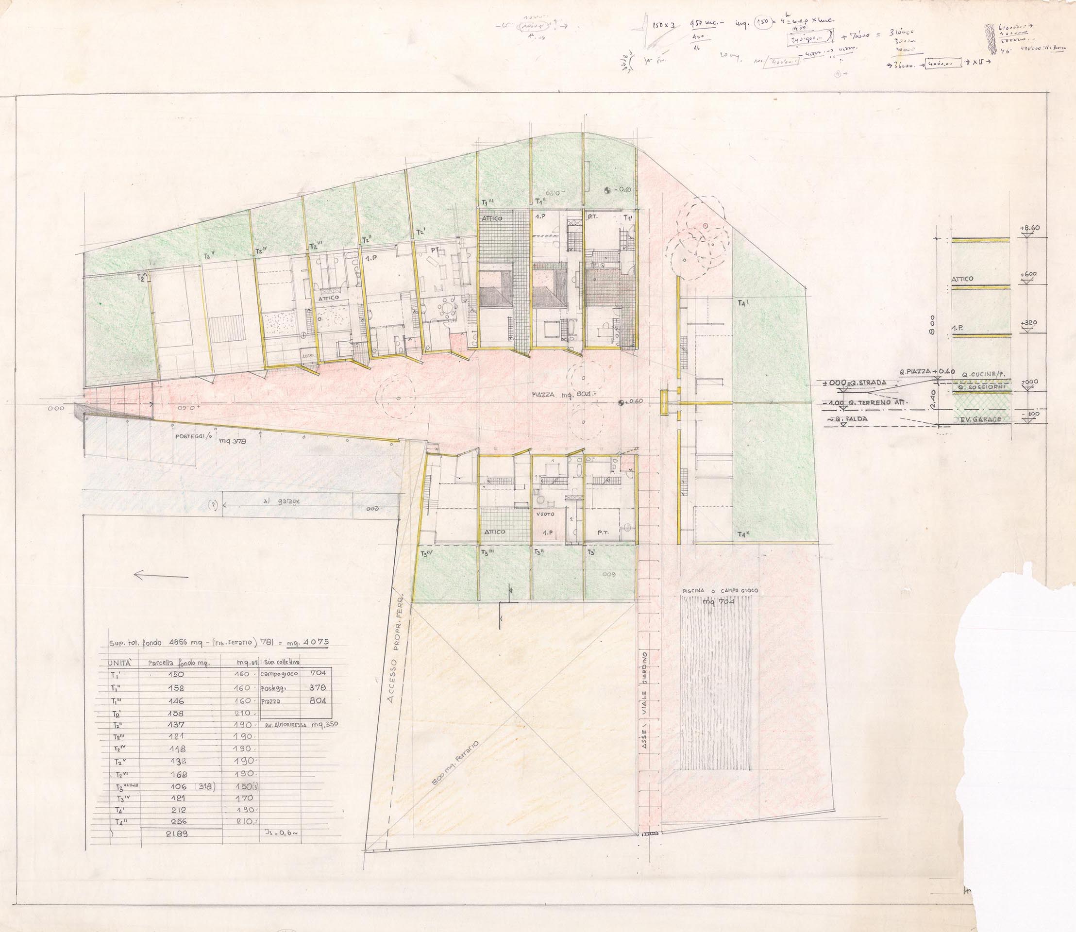 Progetto residenziale per il Fondo Ferrario-Tarchini, [1986-1987]. Planivolumetrico e piante a vari livelli.