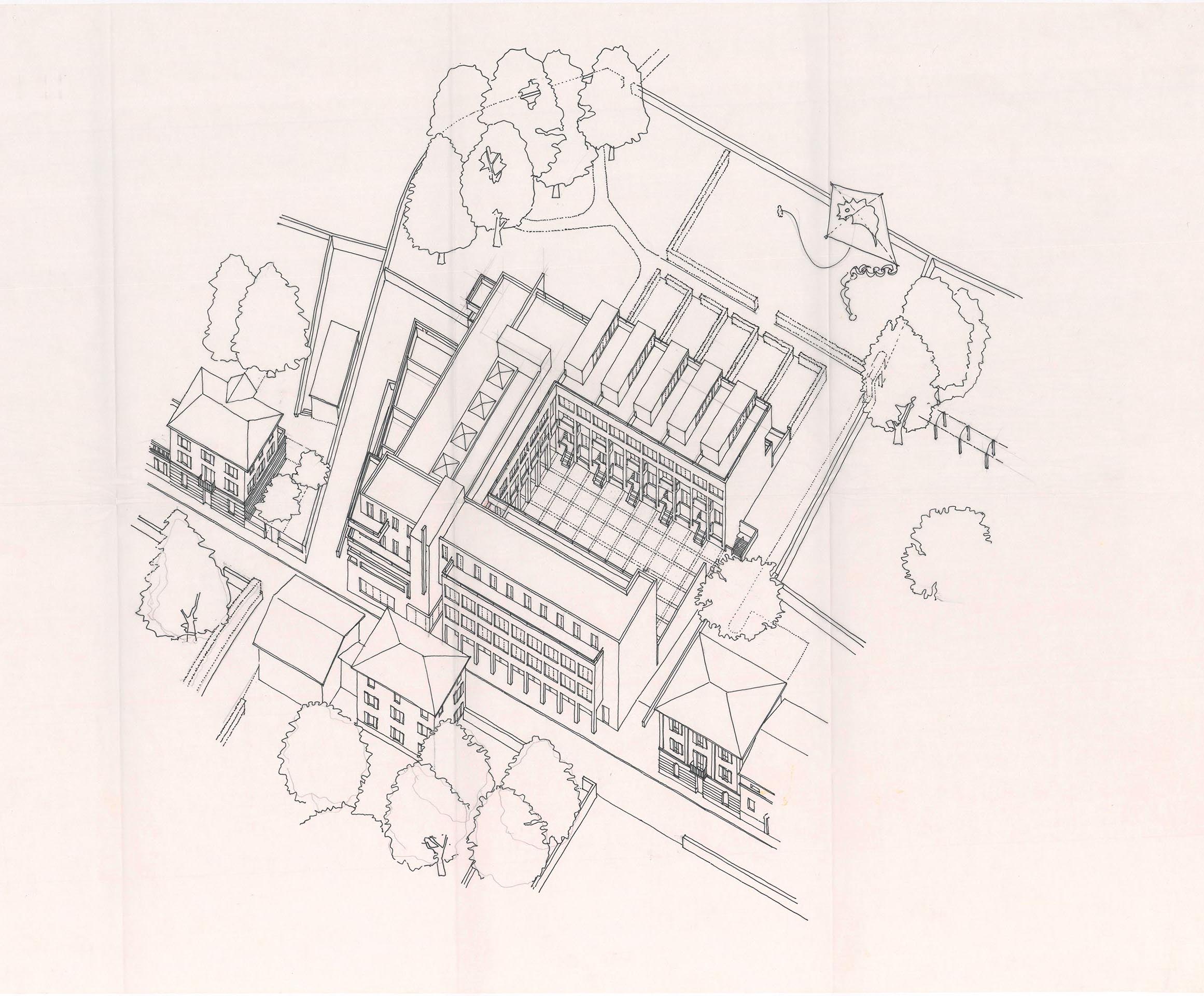 Progetto per il Centro commerciale-residenziale Strada Nuova, con Giovanni Galfetti, 1989-1995. Assonometria, 1990.