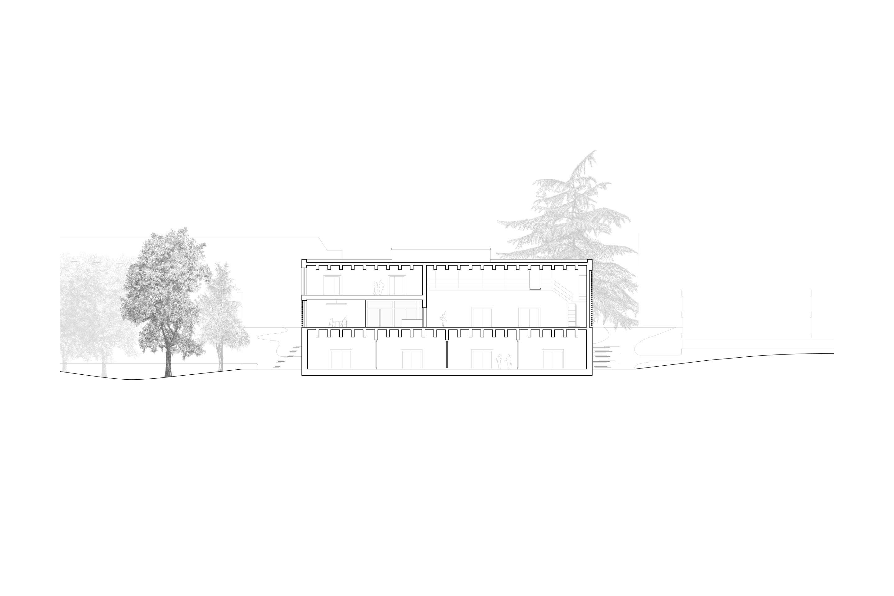 Coupe au travers de la structure porteuse. Les poutres sont en béton préfabriqué.