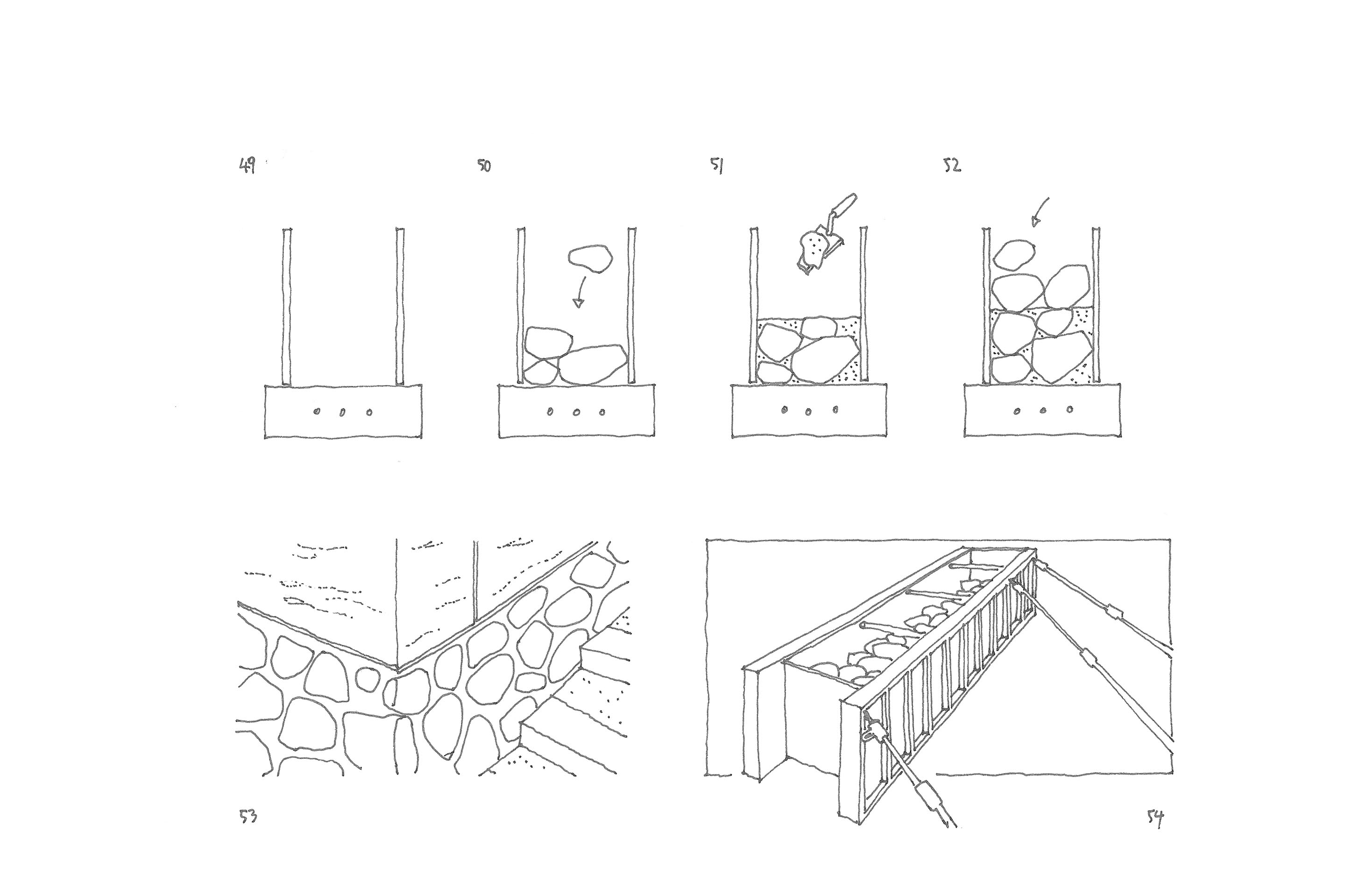 Processus de mise en œuvre des fondations développé pour le Musée du vin de Patrimonio avec fondations en béton cyclopéen.