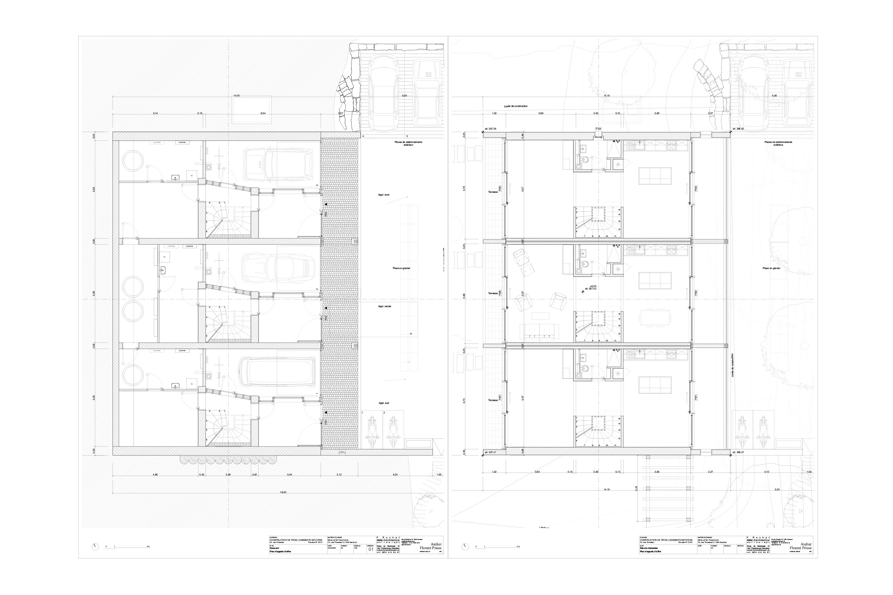 Fondations en pierre massive pour un immeuble de trois logements mitoyens à Genthod (GE): détail et plan du sous-sol.