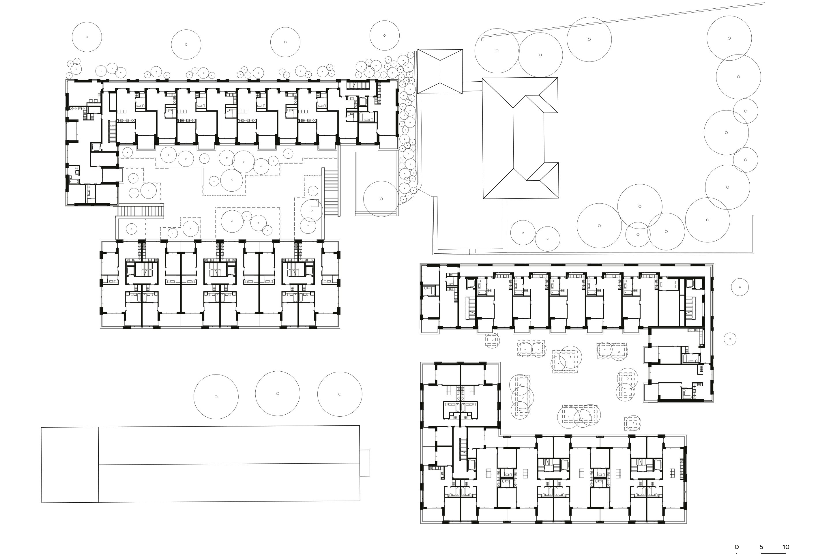Situation mit Regelgeschoss: Vor der alten Zwicky-Villa umfassen die beiden Neubauten je einen Innenhof und spannen zusammen mit einem ehemaligen Fabrikbau einen Vorplatz auf.