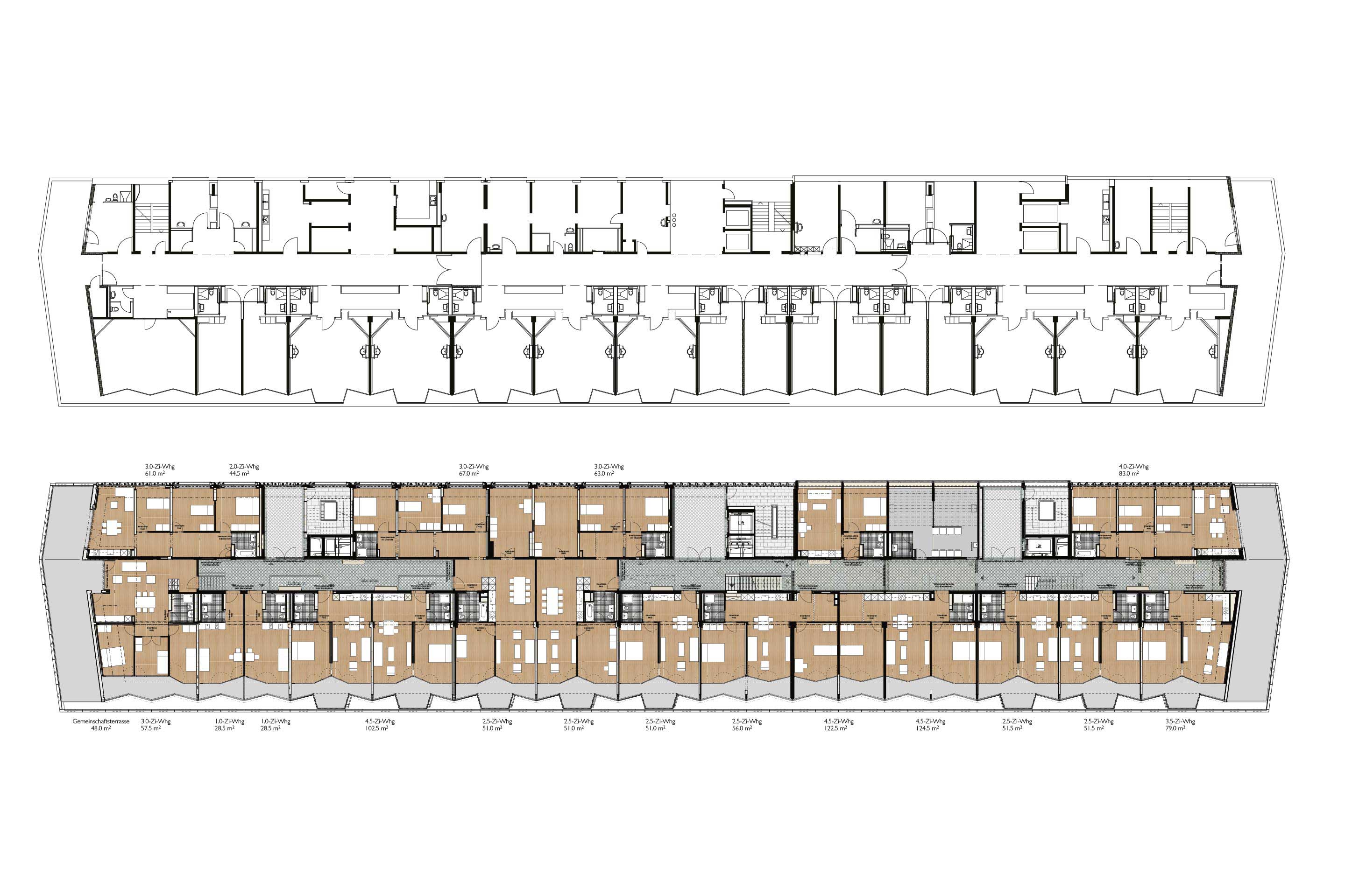 Ganz oben: Bestand Grundriss Regelgeschoss, darunter: Umnutzung Grundriss 5. OG.