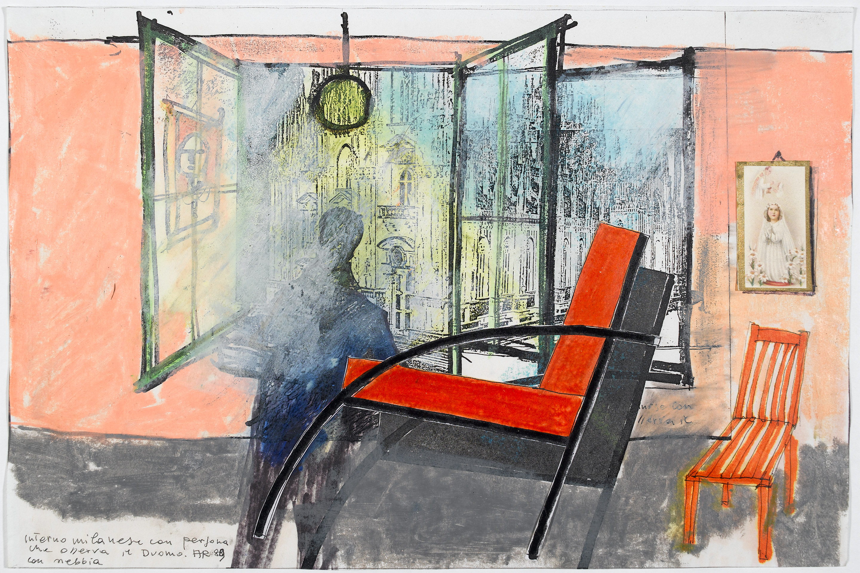 Aldo Rossi, Interno milanese con persona che osserva il Duomo con nebbia