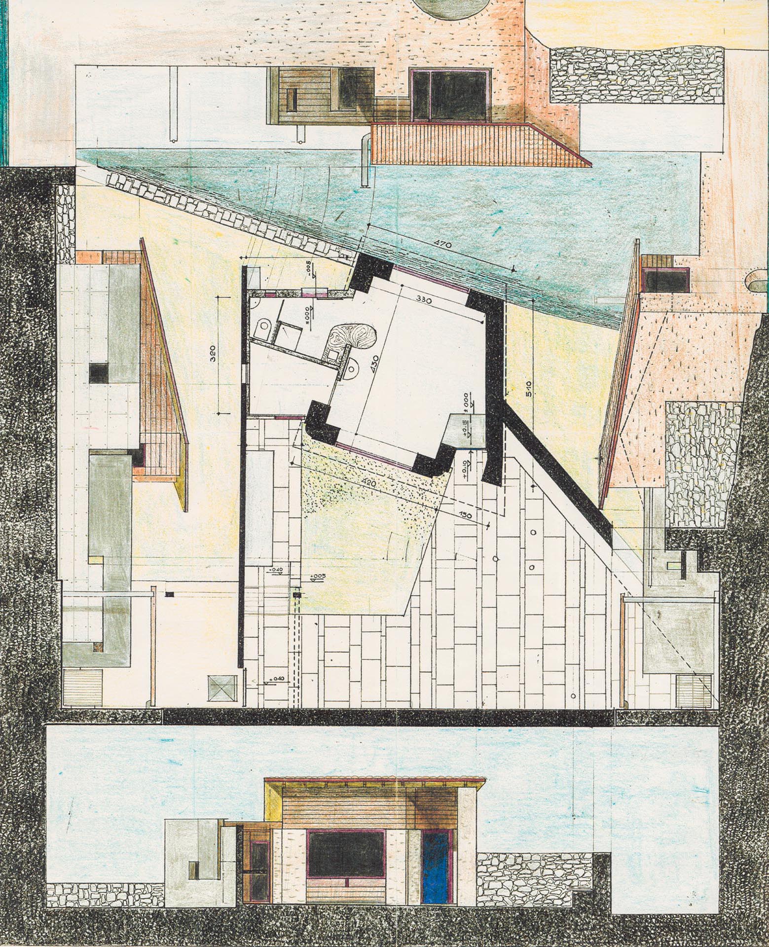 Tavola di progetto dello Stöckli di Riva San Vitale che racchiude in un solo disegno tutti i tracciati generatori. STÖCKLI 92, s.d.