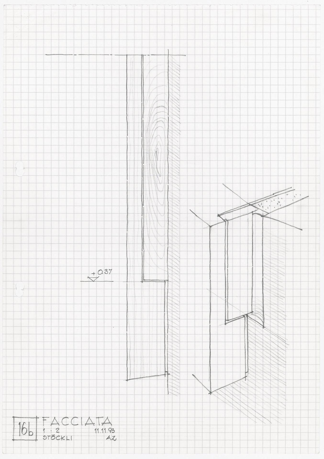 Vista e assonometria in scala 1:2 del raccordo tra serramento e muratura, complementare al particolare costruttivo in fig. 4. Questo disegno è la traduzione costruttiva del particolare assonometrico presente nello schizzo di Flora Ruchat-Roncati, in fig. 3, situato in basso a sinistra.  		Autore del disegno: Alessandro Zara, 11.11.1993.