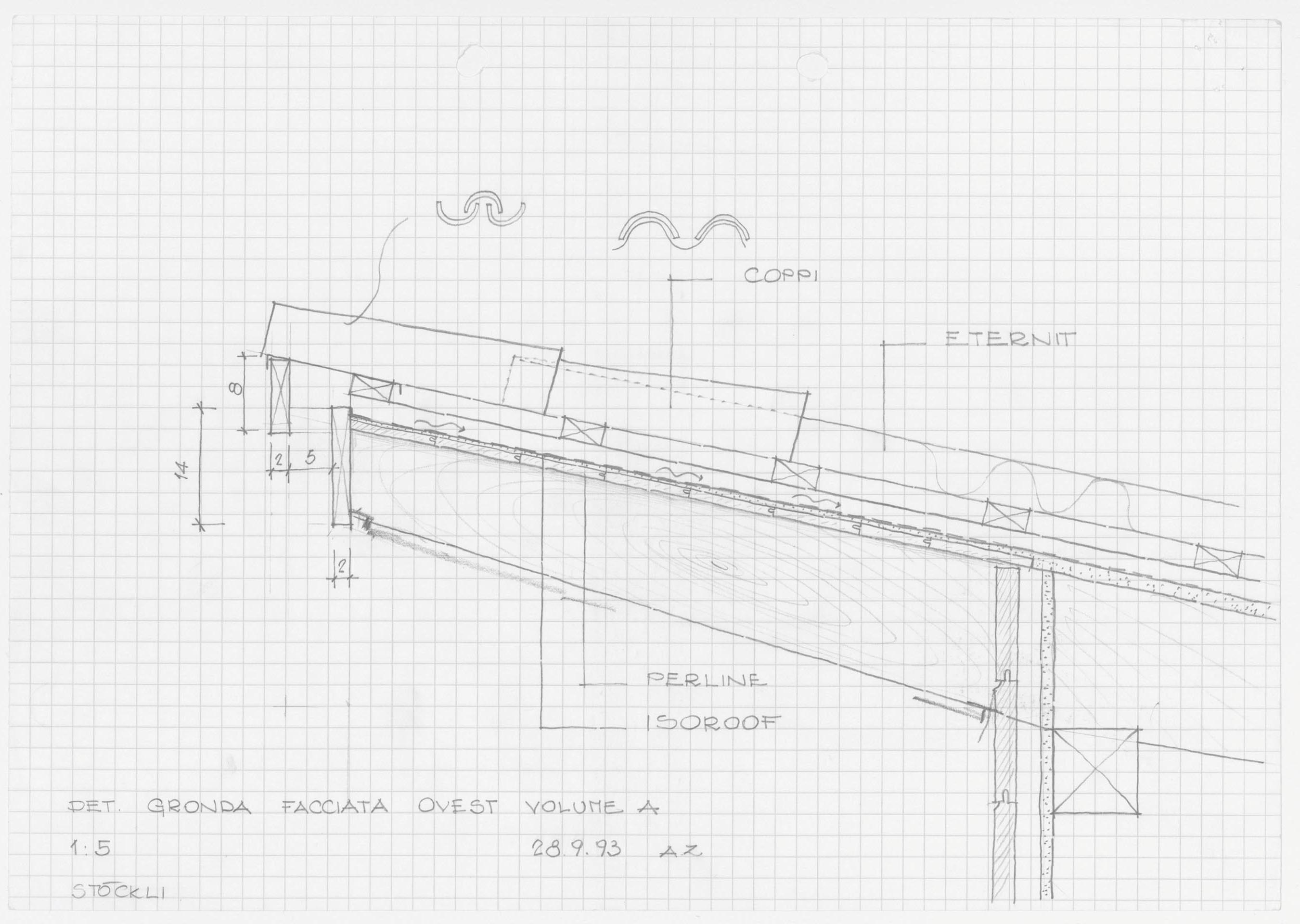 Sviluppo in scala 1:5 del particolare della gronda superiore in fig. 6 consegnato al carpentiere per la realizzazione del tetto. È la soluzione adottata nella prima versione costruita. Autore del disegno: Alessandro Zara, 28.9.1993.