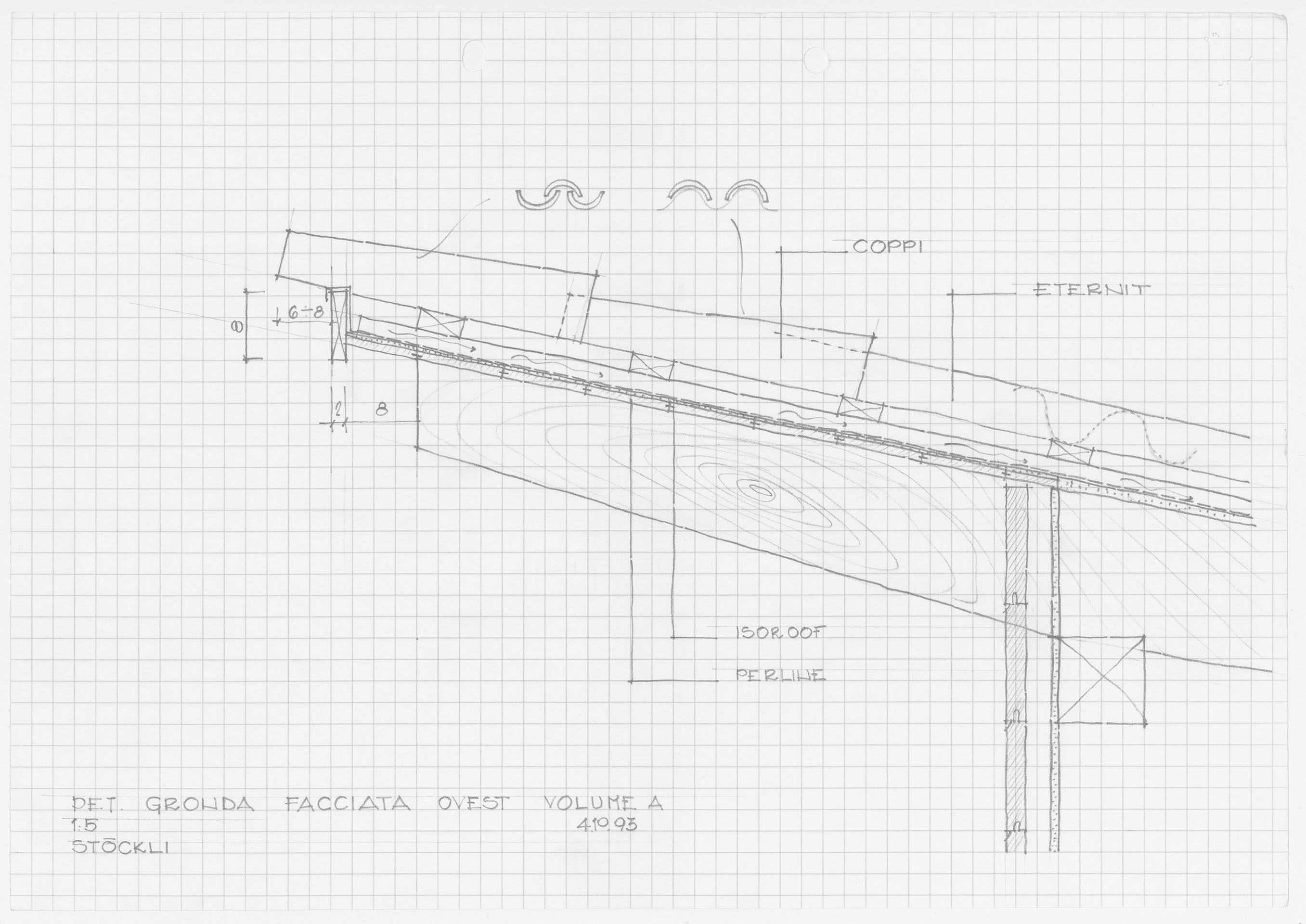 Particolare costruttivo provvisorio in scala 1:5 della gronda superiore disegnato dopo lo smontaggio del tetto alla ricerca di una maggiore coerenza espressiva. Autore del disegno: Alessandro Zara, 4.10.1993.