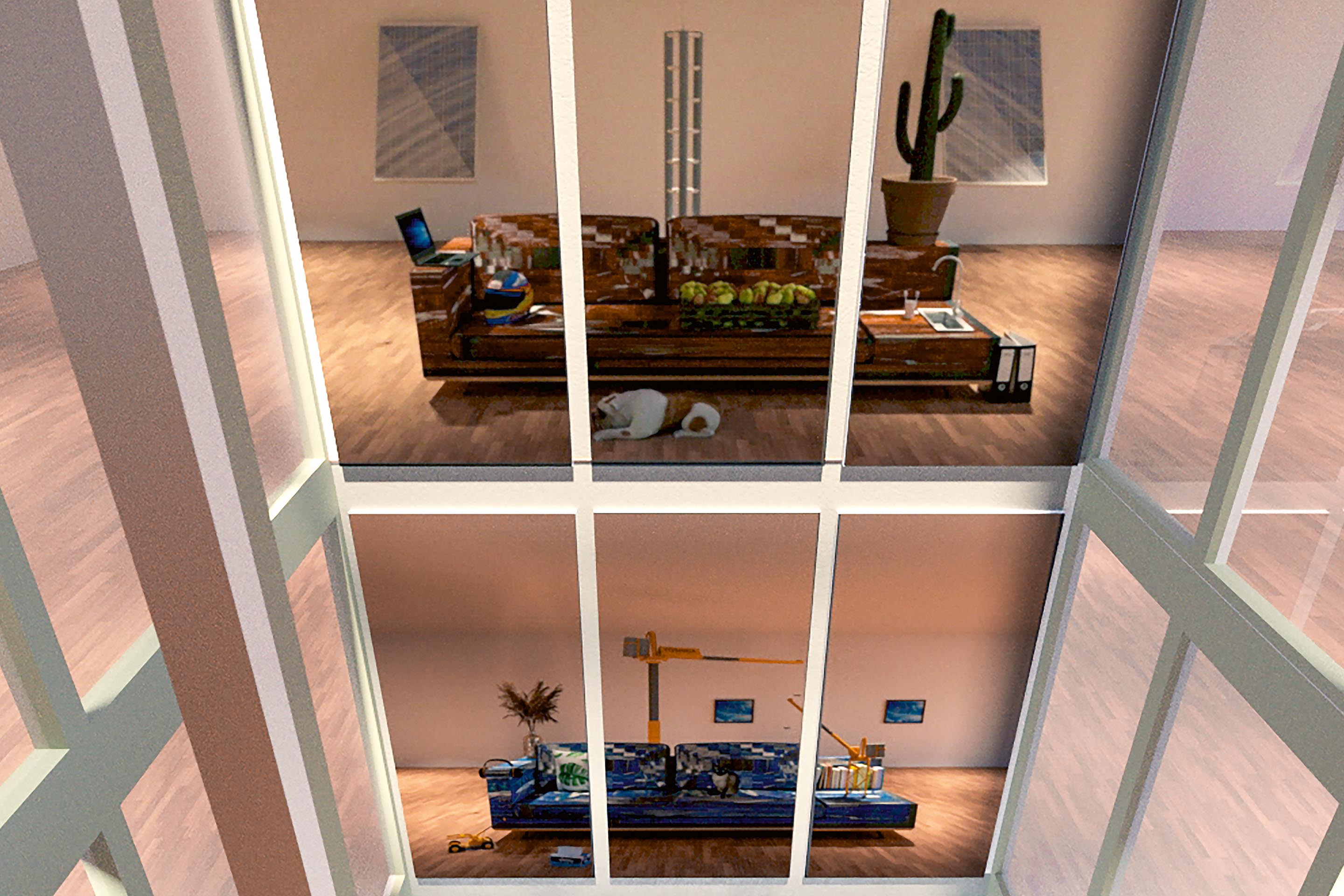 L’EMS Le Prieuré à Chêne-Bougeries est organisé autour d’atriums vitrés permettant de voir ce qui se passe à chaque étage. Le 4e mur, aveugle, n’attendait qu’une intervention. Emmanuelle Lainé a proposé d’y créer un trompe-l’œil, de grands collages photographiques qui donneront l’illusion que l’espace domestique se poursuit dans un salon à l’ameublement surréaliste.