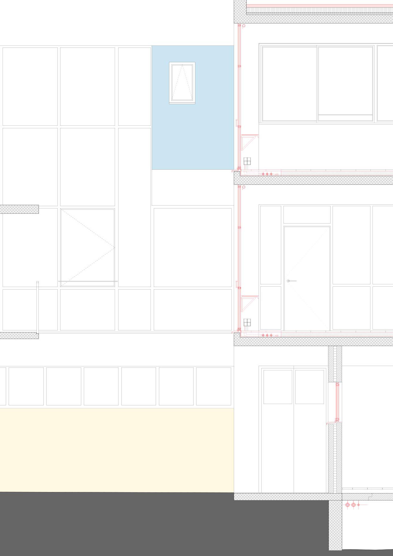 Sezione di dettaglio con i particolari dell'intervento di restauro al secondo piano.
