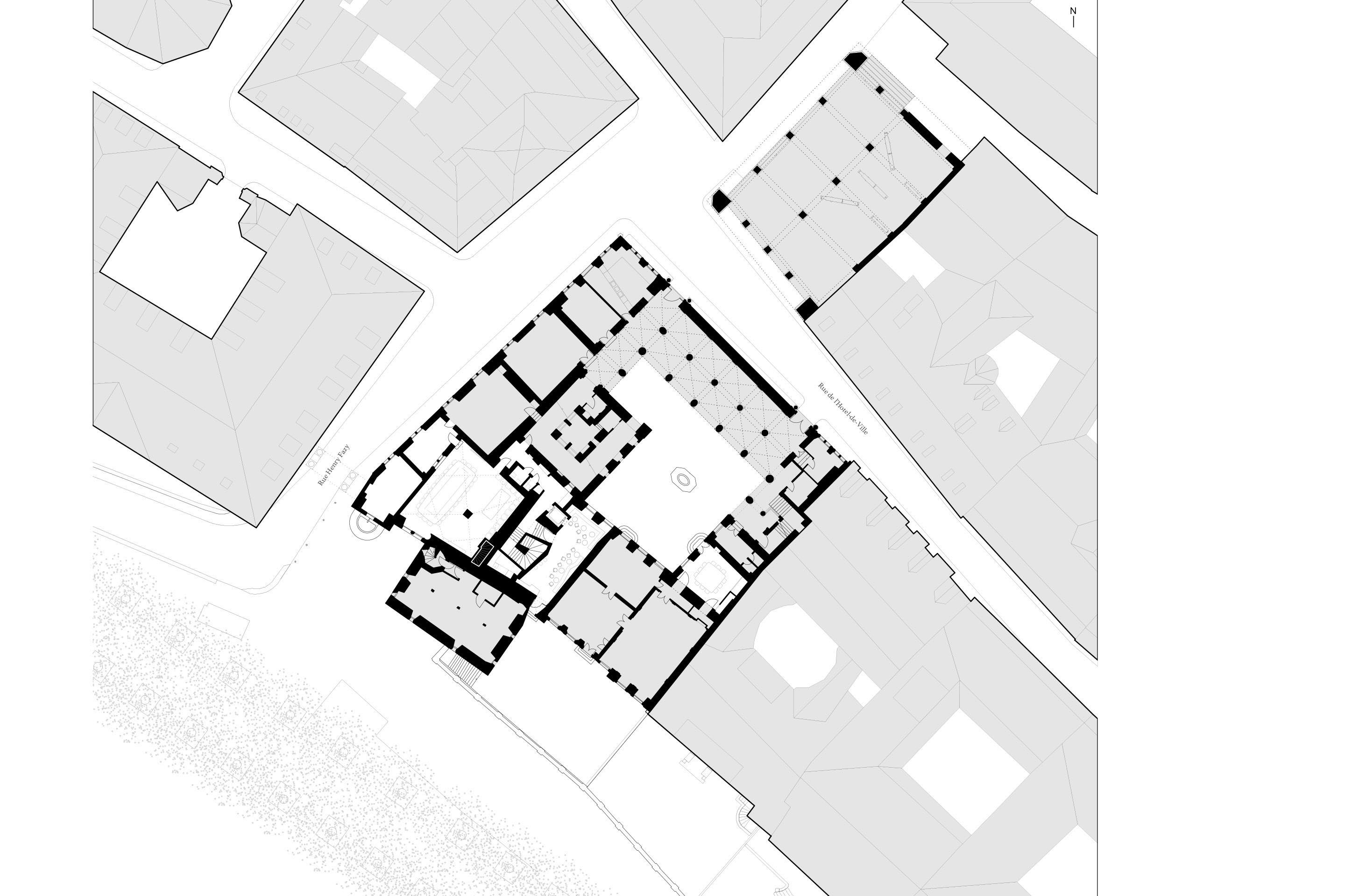 Plan du rez-de-chaussée. En blanc, les locaux transformés et rénovés par Bonhôte Zapata.
