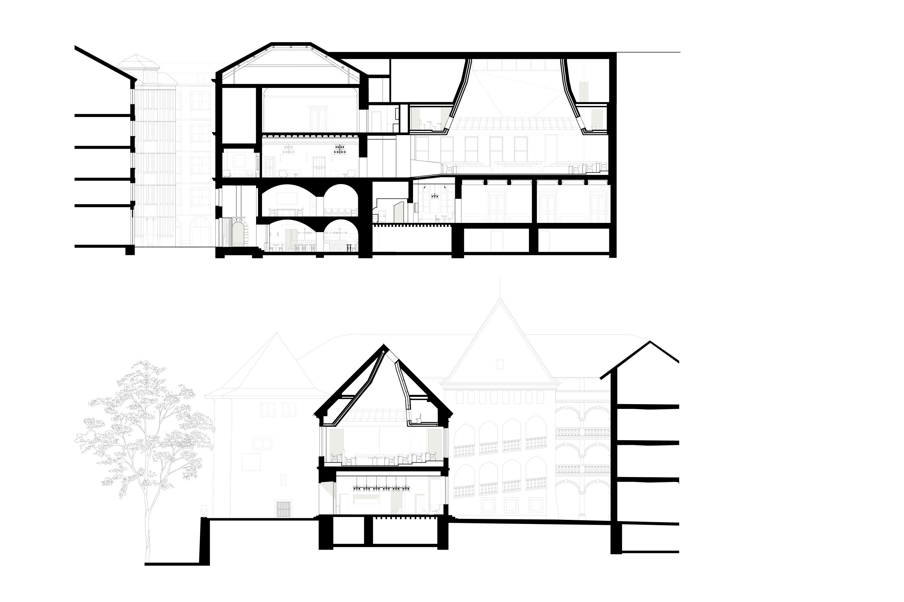 Coupes longitudinale et transversale de l’aile sud, sur la salle du Grand Conseil.