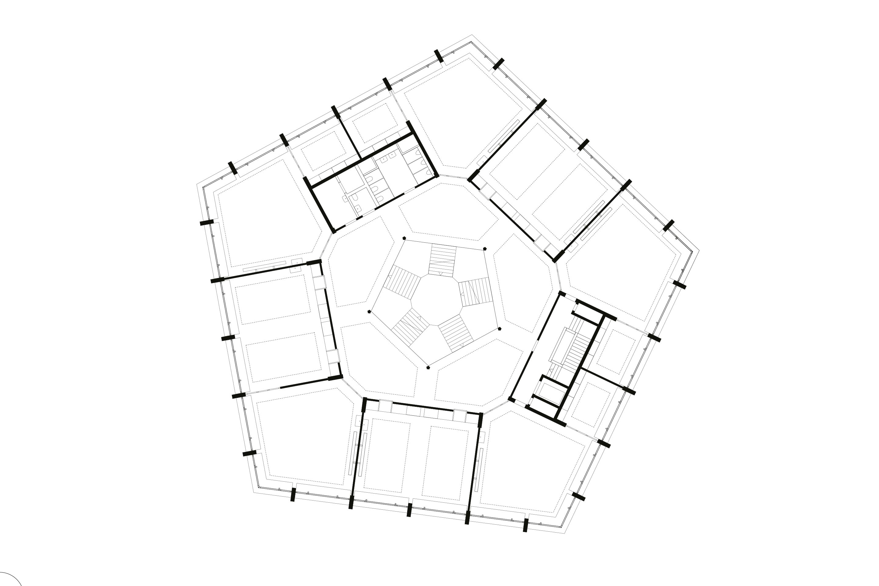 Neubau Schulhaus Halden, Opfikon ZH (Architektur: Guignard &amp; Saner; Lichtdesign: Michael Josef Heusi, Zürich; Fertigstellung 2018): Durch die «geknickten» Fensterflächen herrschen in den Eckschulzimmern sehr gute Tageslichtverhältnisse.  Die im Rahmen der Tageslichtplanung angestellten Berechnungen haben die spezielle Form optimiert und legitimiert. Grundriss 1.– 3. OG.