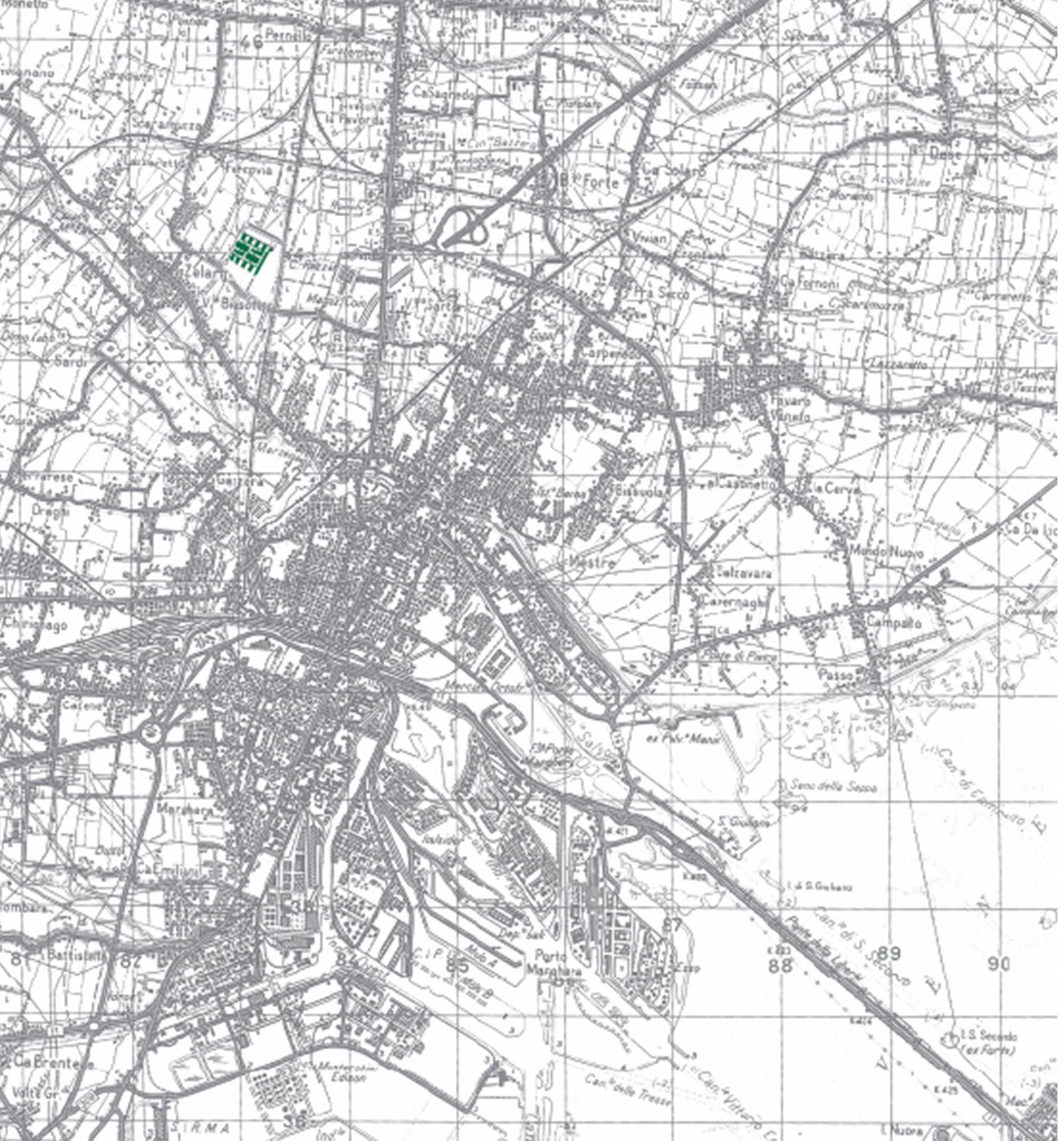 Planimetria della città di Mestre con indicata la posizione della nuova struttura ospedaliera.