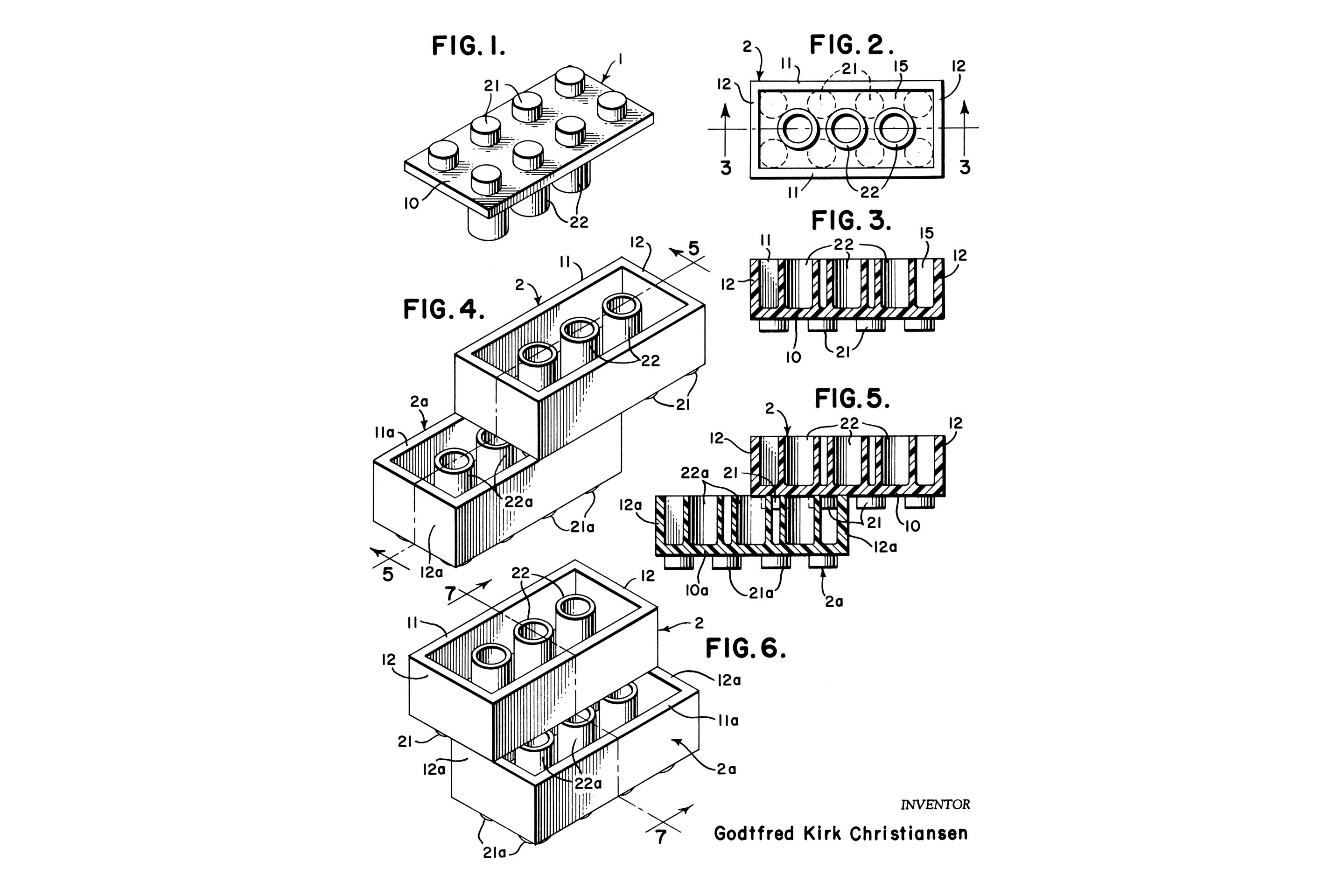 Abbildung aus der Patentschrift  von 1958. Innert nur weniger Tage entwarf Godtfred die Lösung zur fehlenden Kupplungskraft der «Automatic Binding Bricks». Bemerkung: Zu Ole Kirk Kristiansens Zeiten war es üblich, den Nachnamen Kristiansen entweder mit «Ch» oder mit «K» zu schreiben. Ole Kirk verwendete stets die Schreibweise mit «K», Godtfred hingegen benutzte sein ganzes Leben lang – wie hier auf der Urkunde – die Variante mit «Ch».