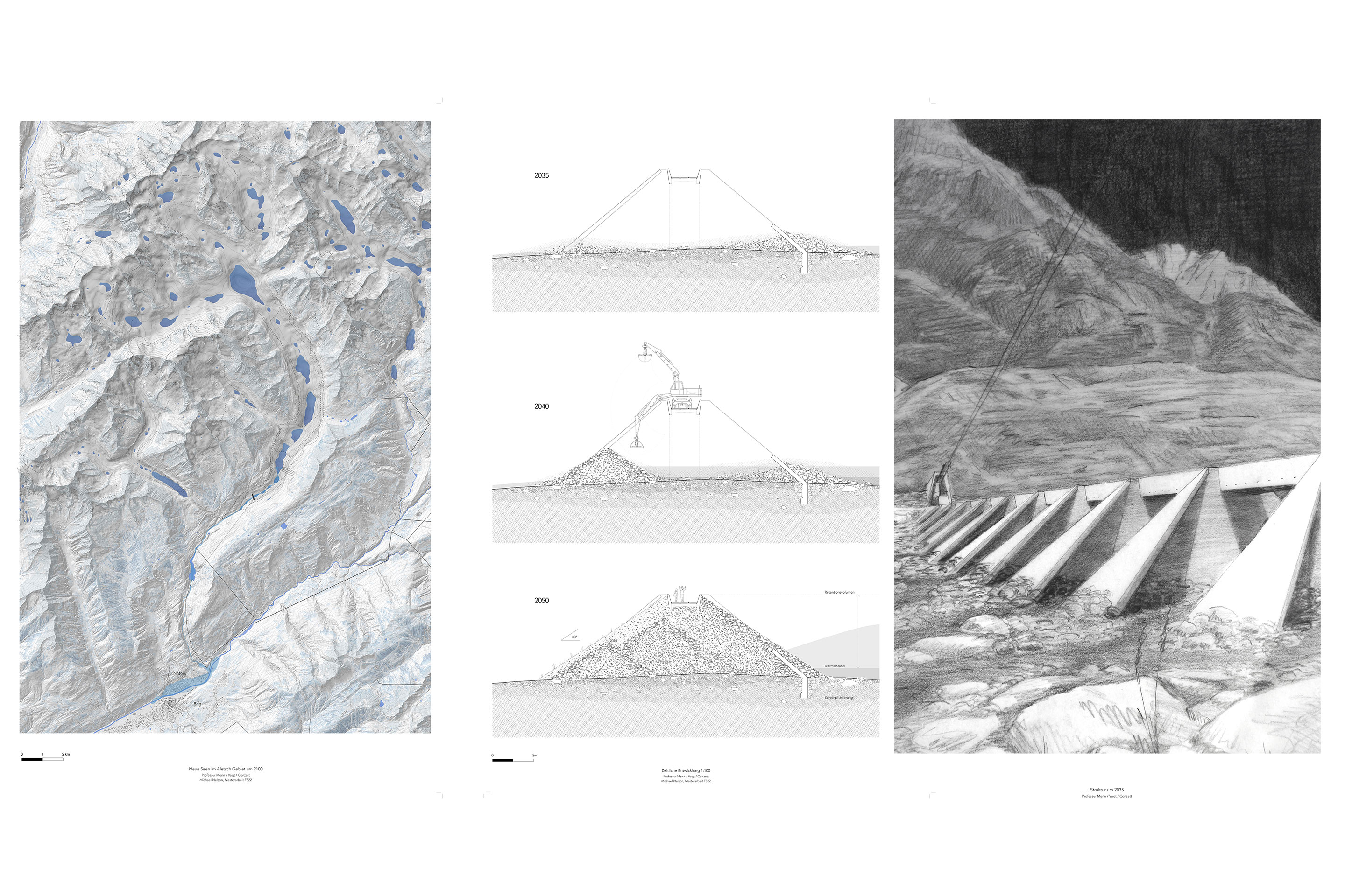 Michael Nelson: «Entropia. Landschaftsinfrastrukturen – Starke Formen». Von rechts nach links: Neue Seen im Gebiet des Grossen Aletschgletschers; Prinzip des Geschiebesammlers; Struktur um 2035.