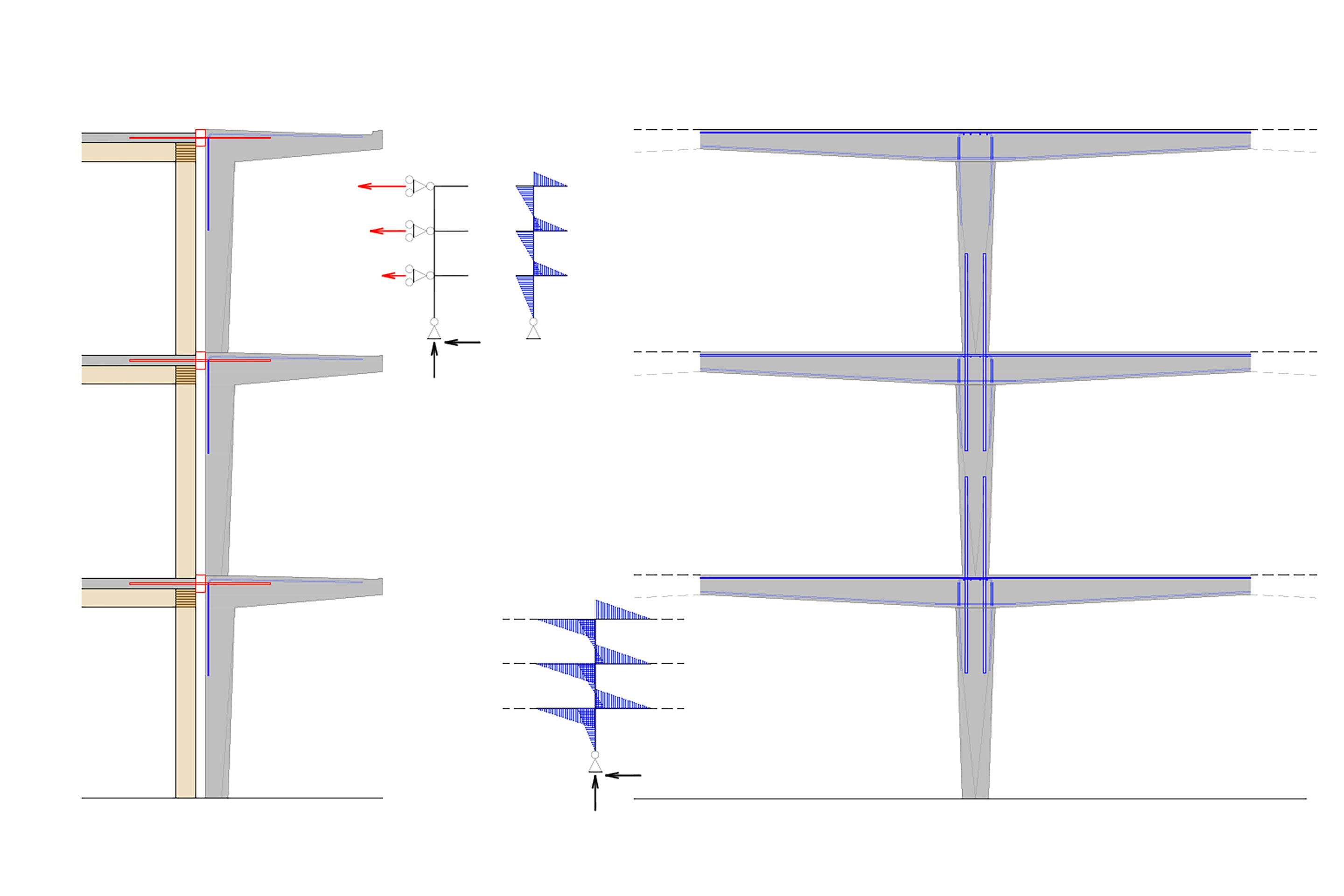 Schnitte durch den Hybridbau der Schulanlage mit dem Exoskelett aus Stahlbeton (rechts) und der Holzkonstruktion (Abbildung links).