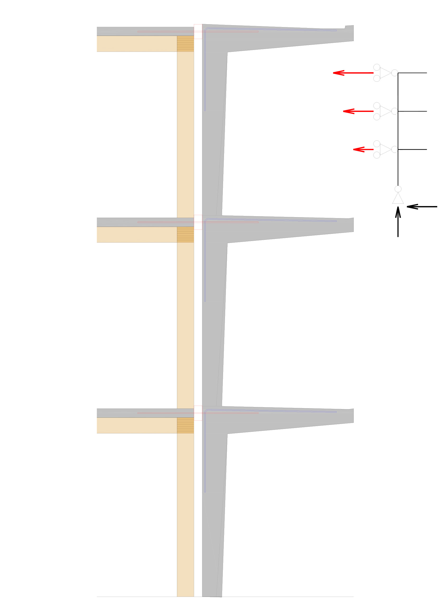 Coupe de l’exosquelette en béton armé ceinturant les espaces intérieurs