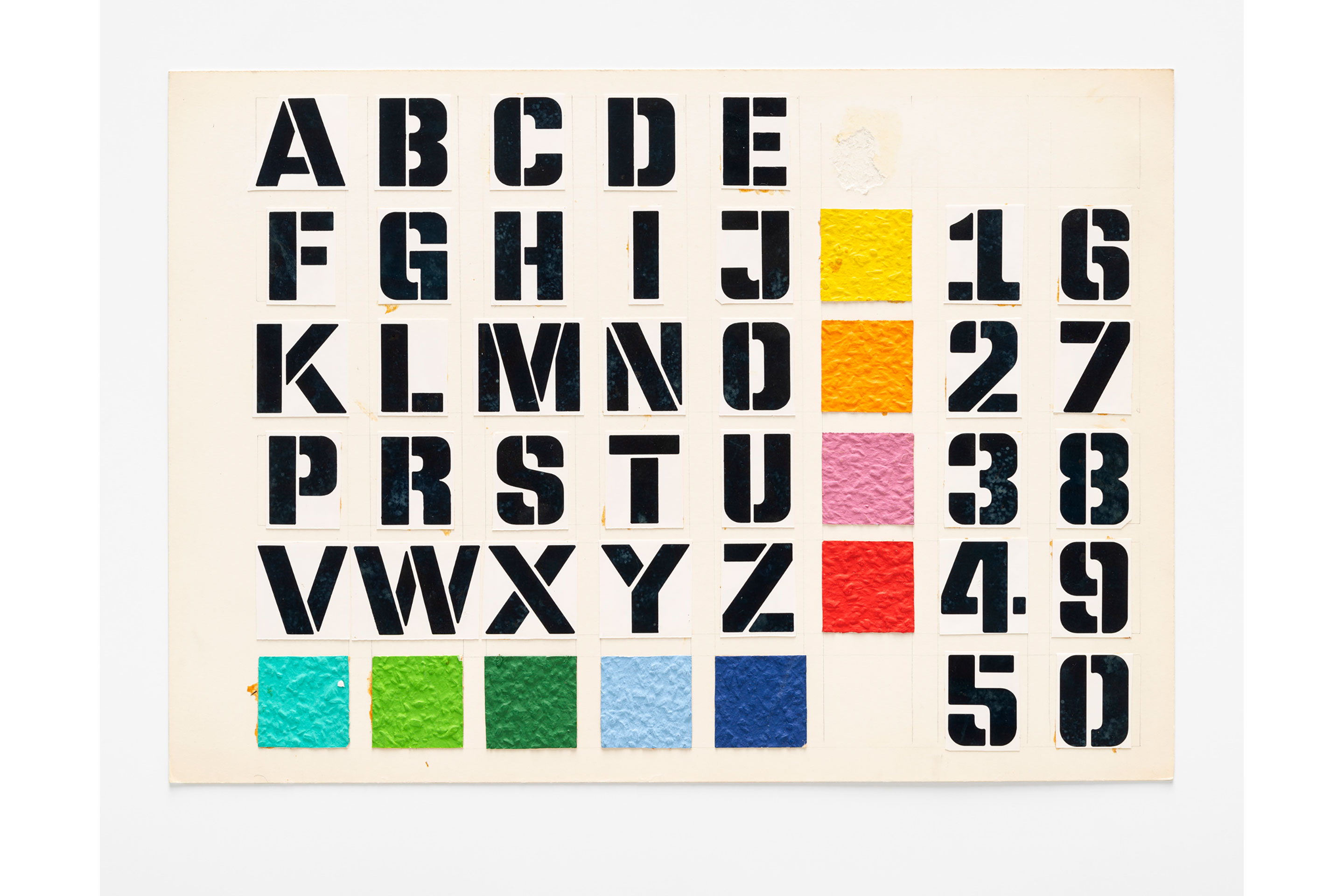 Walter F. Haettenschweiler, Marc Rich + Co AG, Entwurf Systemalphabet mit Farbcode und Zahlen für Stockwerkbeschriftung, ca. 1981.