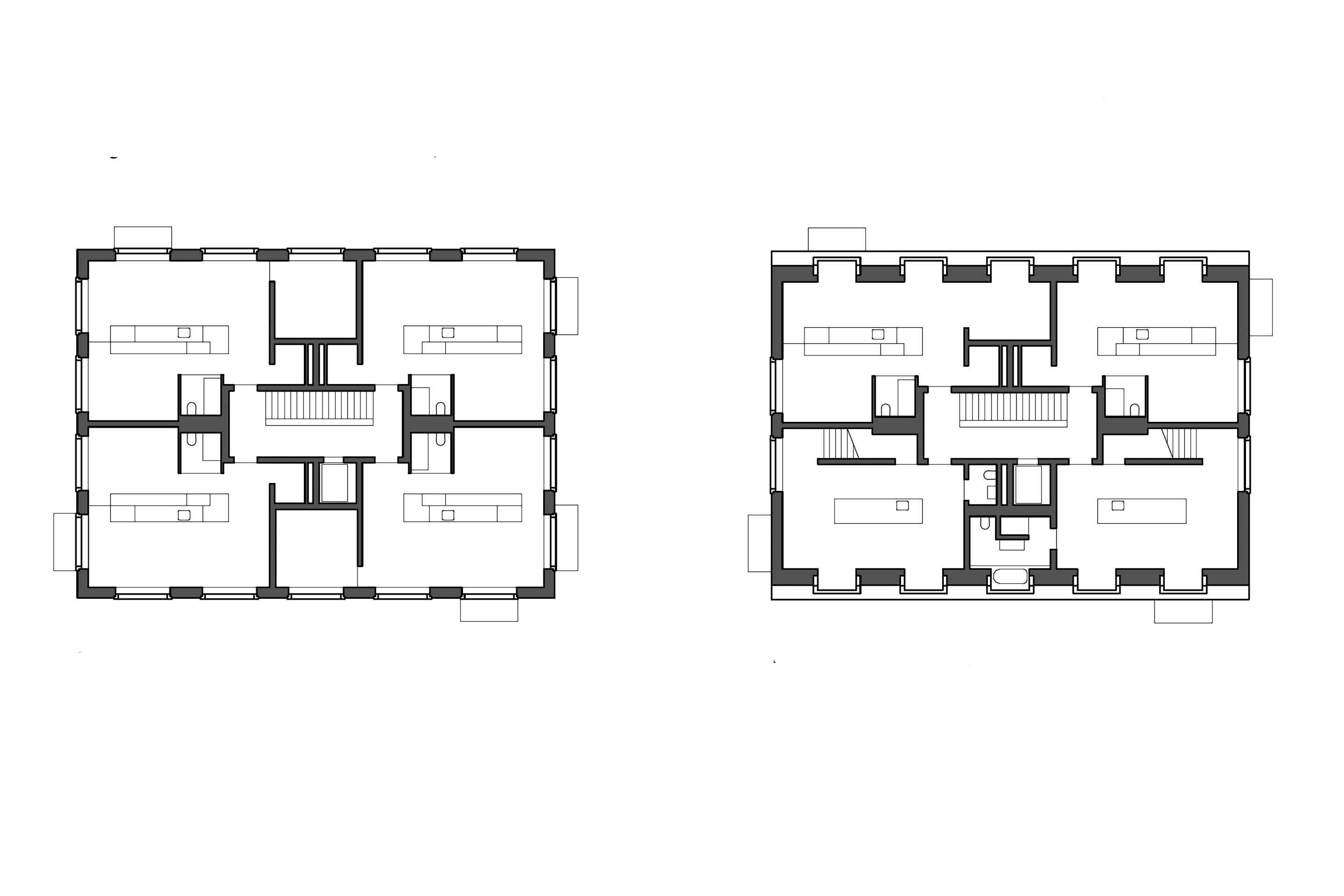 Regelgeschoss Haus C (links), Dachgeschoss Haus C (rechts).