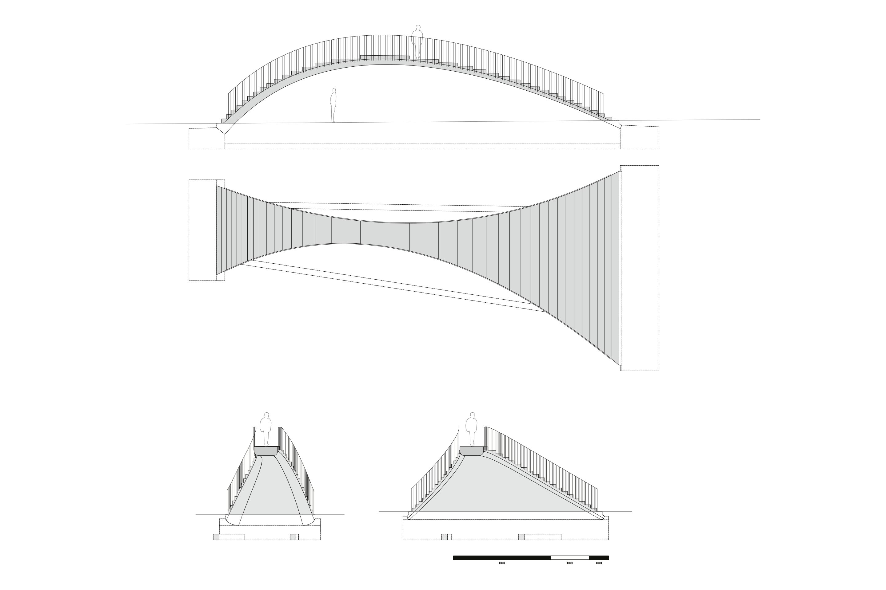 Sezione longitudinale e pianta della passerella, sezioni trasversali della passerella.
