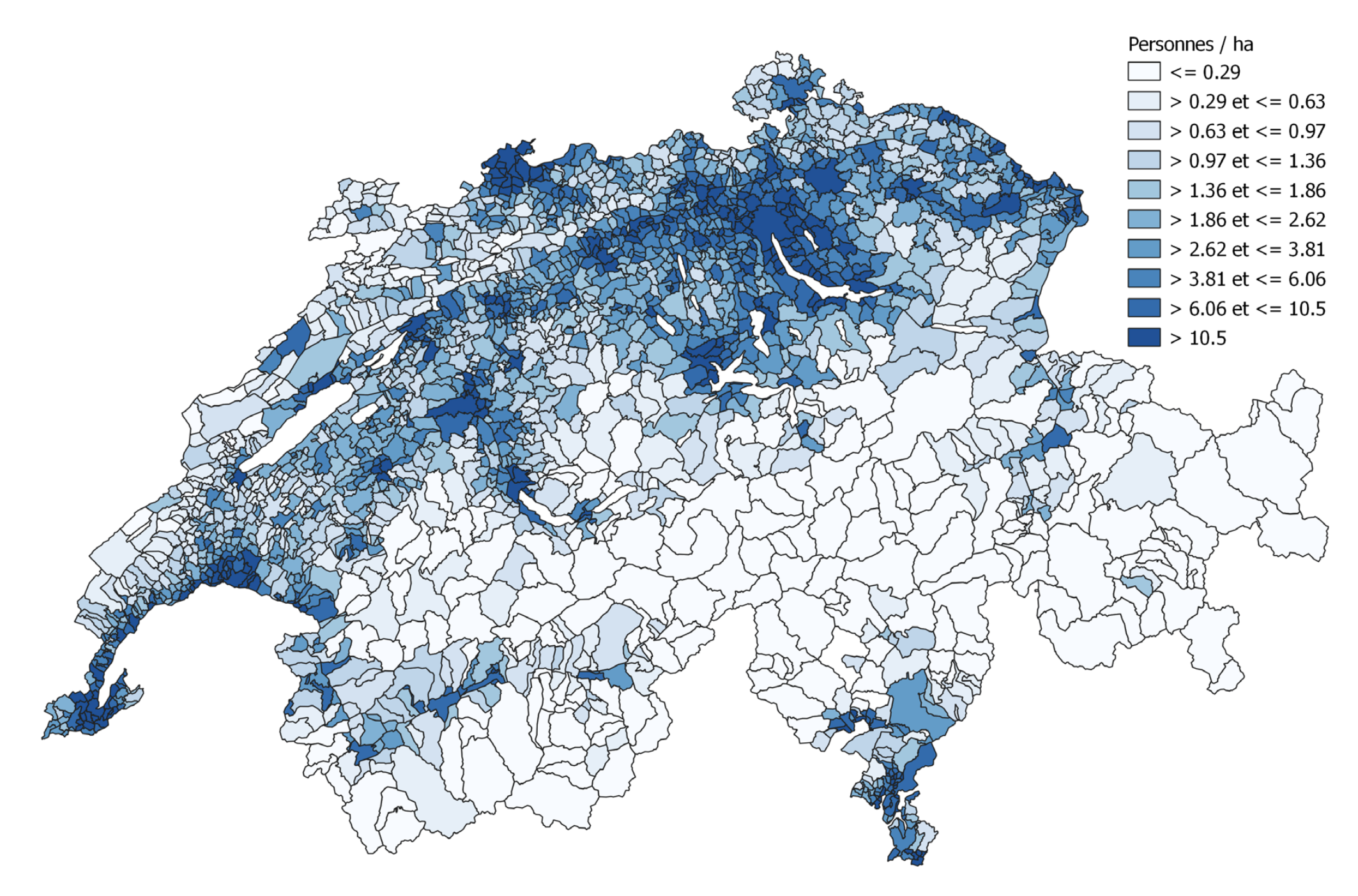 Densité de la population des communes suisses réparties en 10 groupes