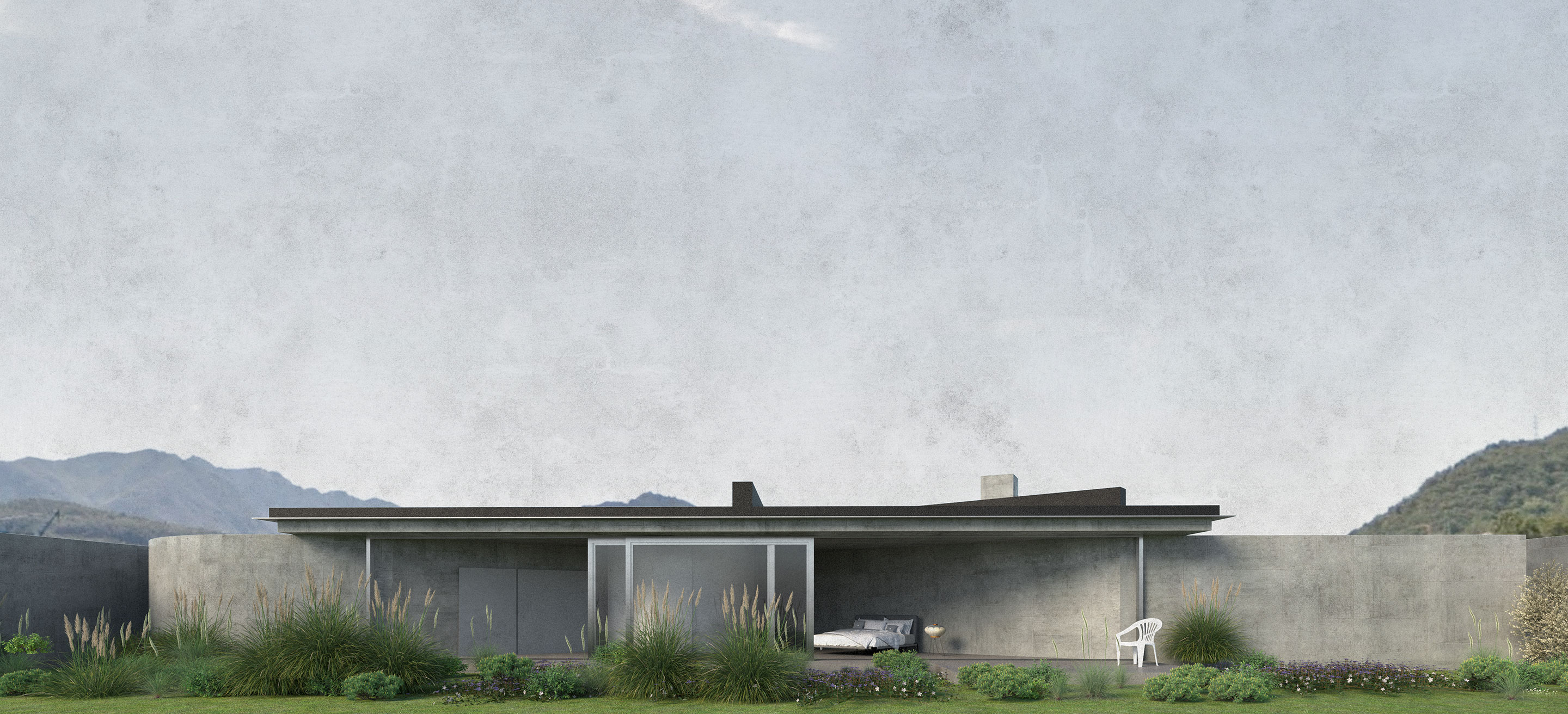 Casa per due professionisti a Lamone, 2020 – Prospettiva del giardino della camera da letto.