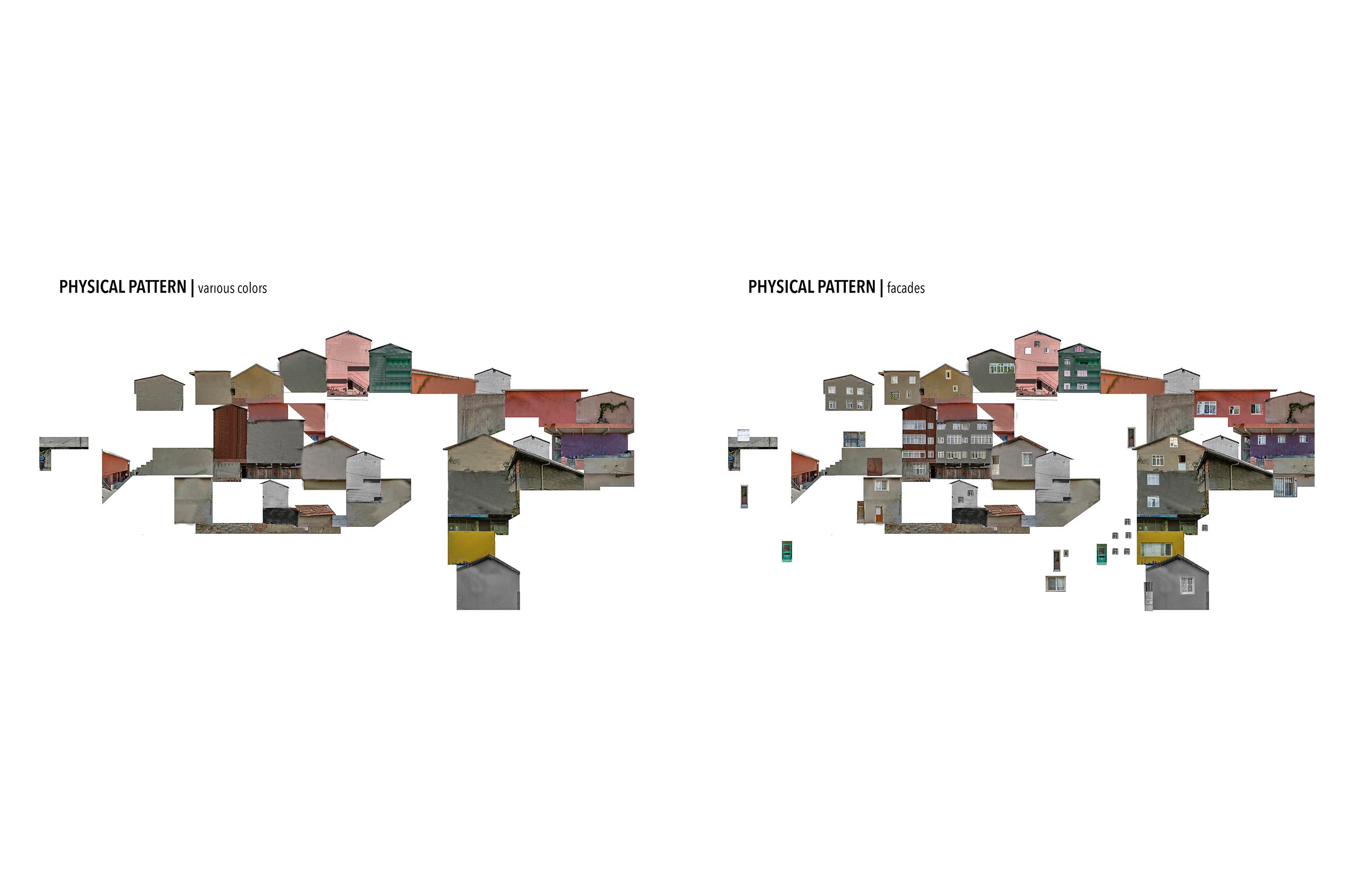 Motif urbain, couleurs variées (gauche), Motif urbain, façades (droite). Analyse visuelle et abstraction de la silhouette urbaine de Gülsuyu pour rendre visible le grain urbain et ses variations architecturales.