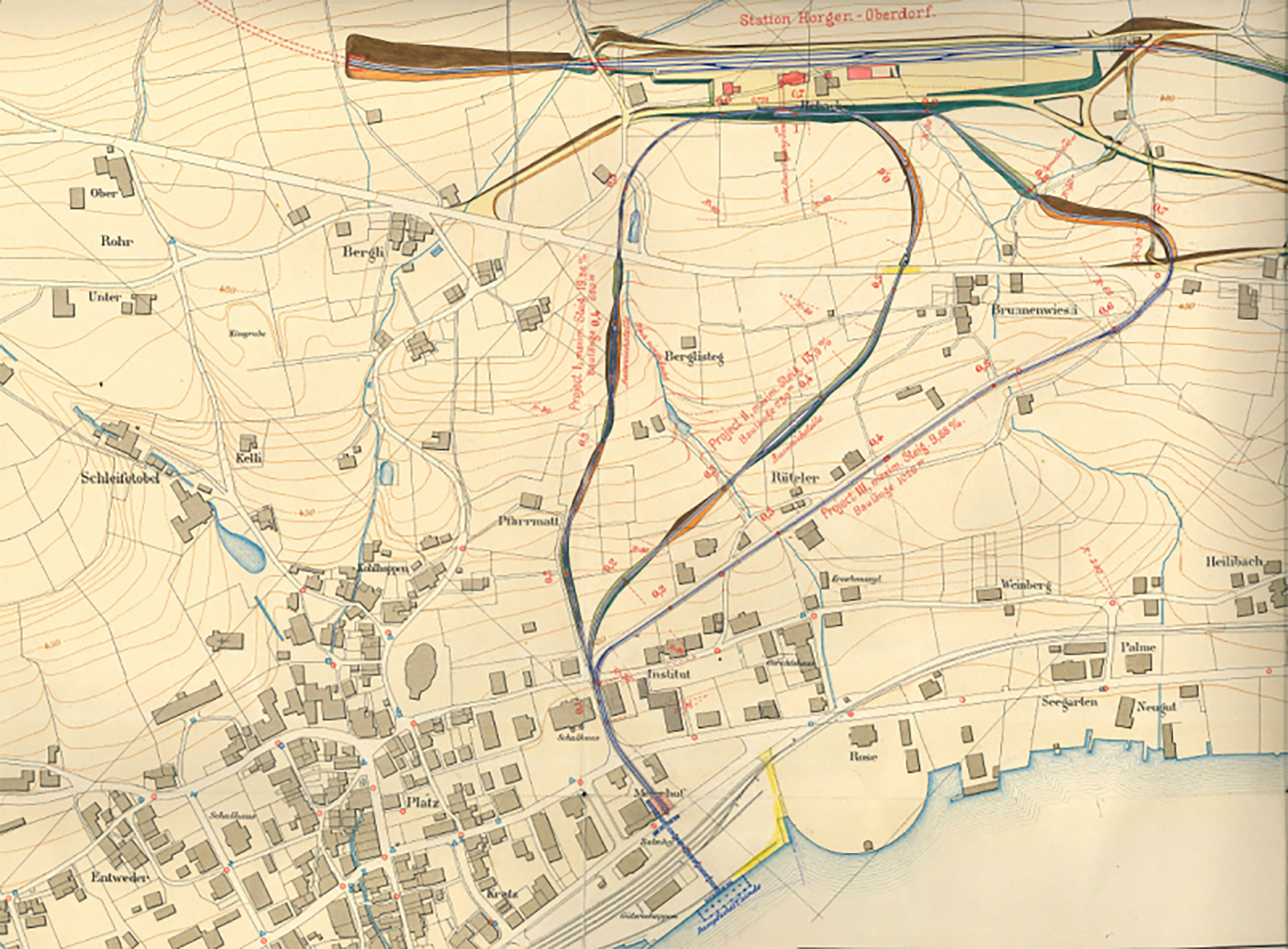 Situationsplan mit Variantenstudium für eine Tram-Verbindung Bahnhof Horgen – Bahnhof Oberdorf, dat. 27.3.1896.