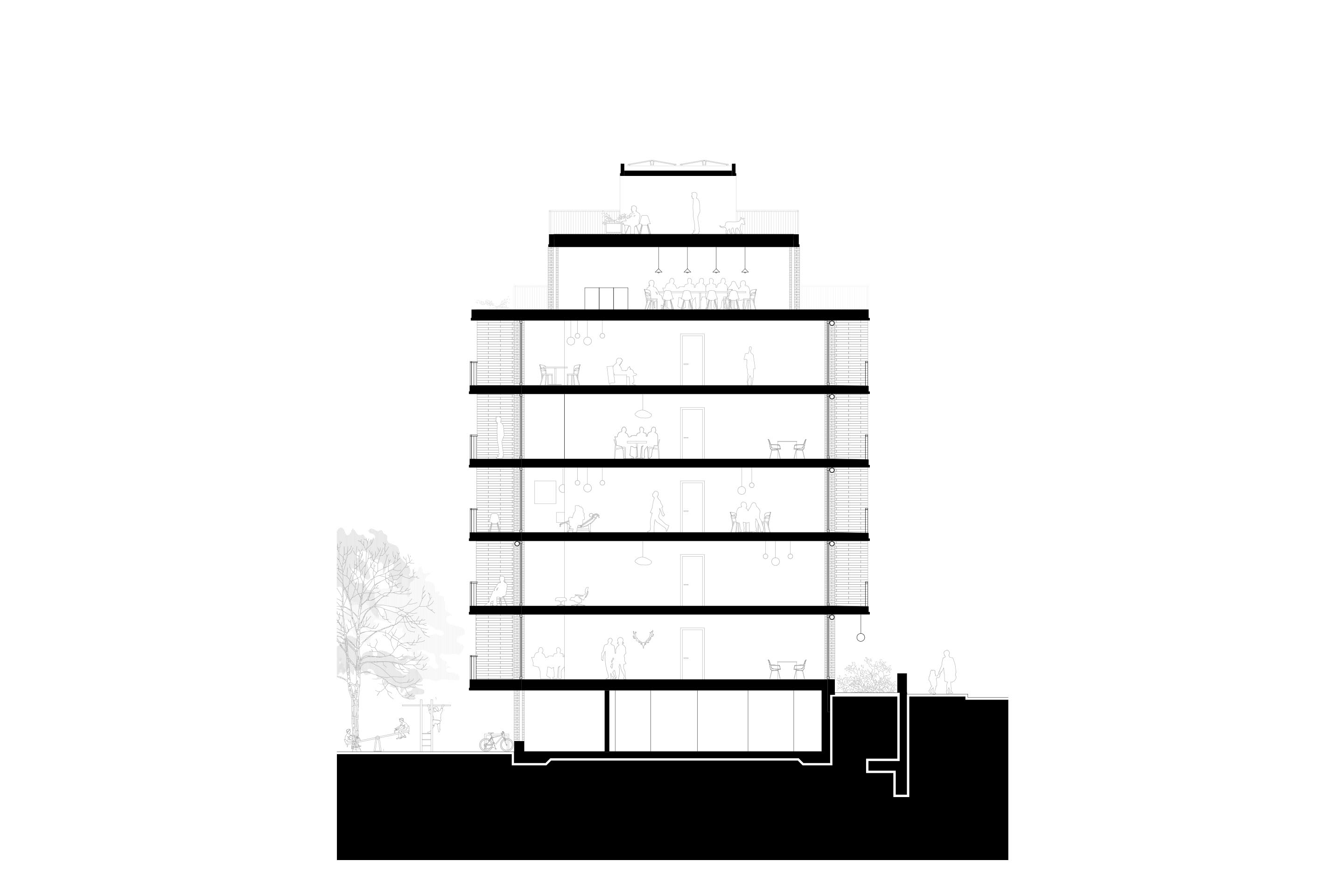 Coupe. À l’avant-dernier étage, la cuisine devient un espace commun pour les habitants.