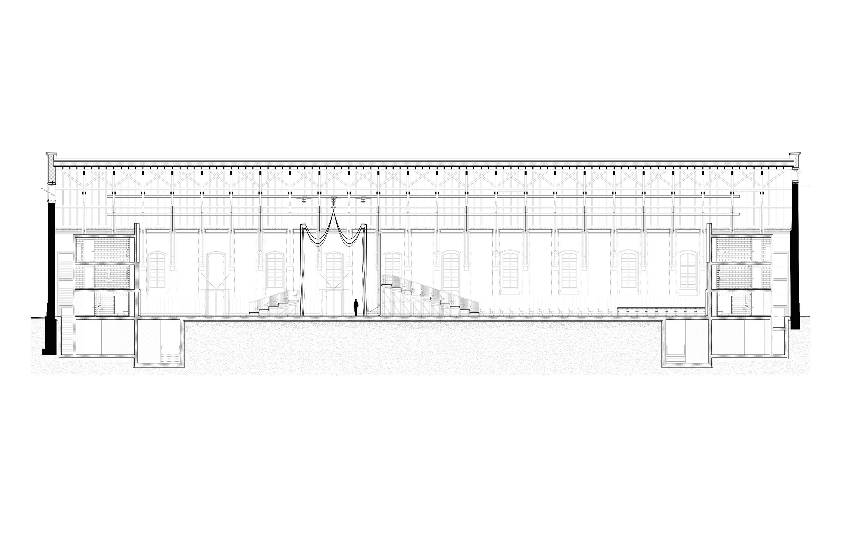 Längsschnitt: Die zwei Bühnen und die Zuschauerbereiche liegen Rücken an Rücken. Eine bewegliche Fuge, die mit schweren Stoff­bahnen als akustischer Puffer funktioniert, dient als Foyer.