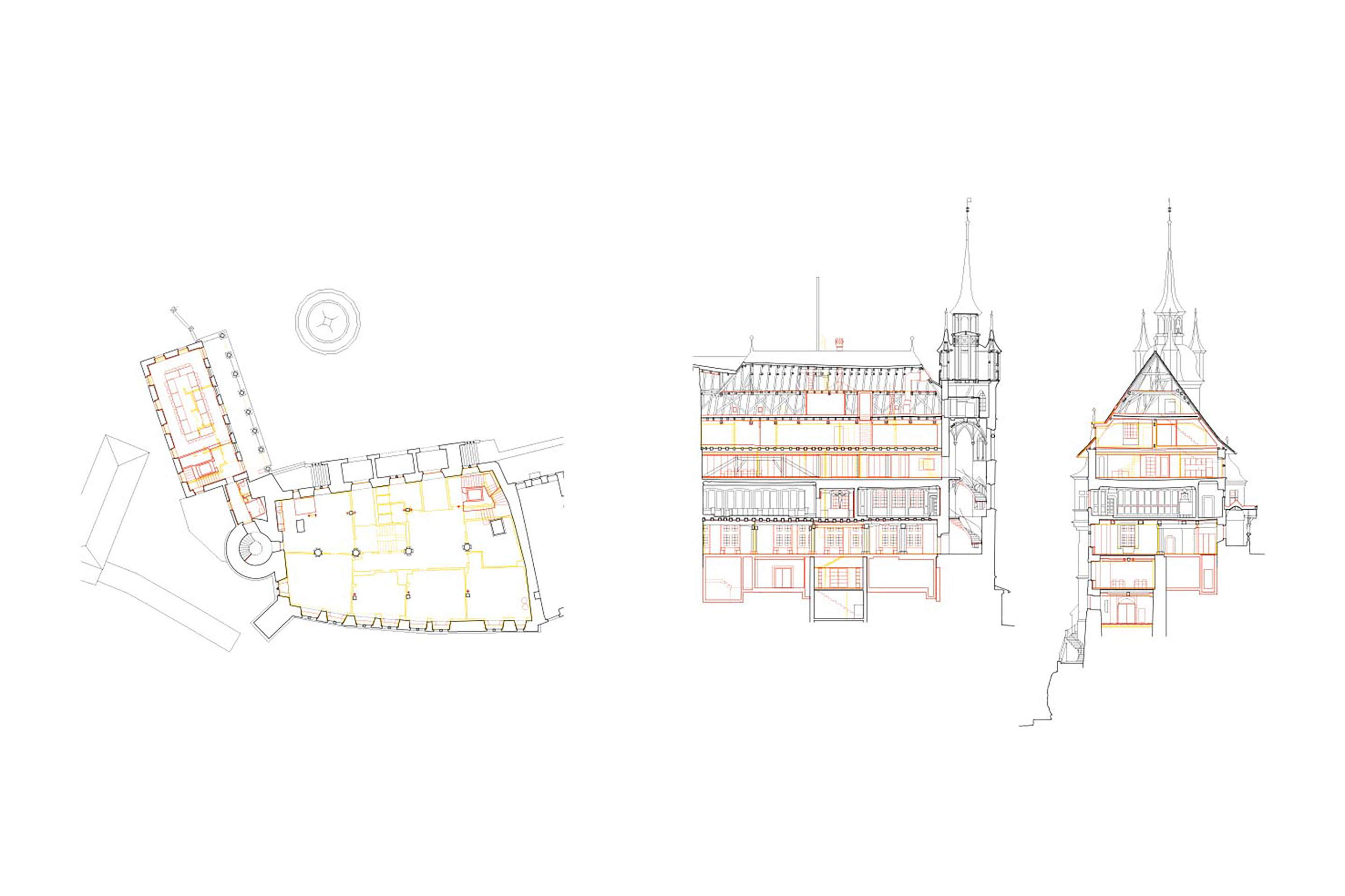 Grundriss EG (links) und Schnitte