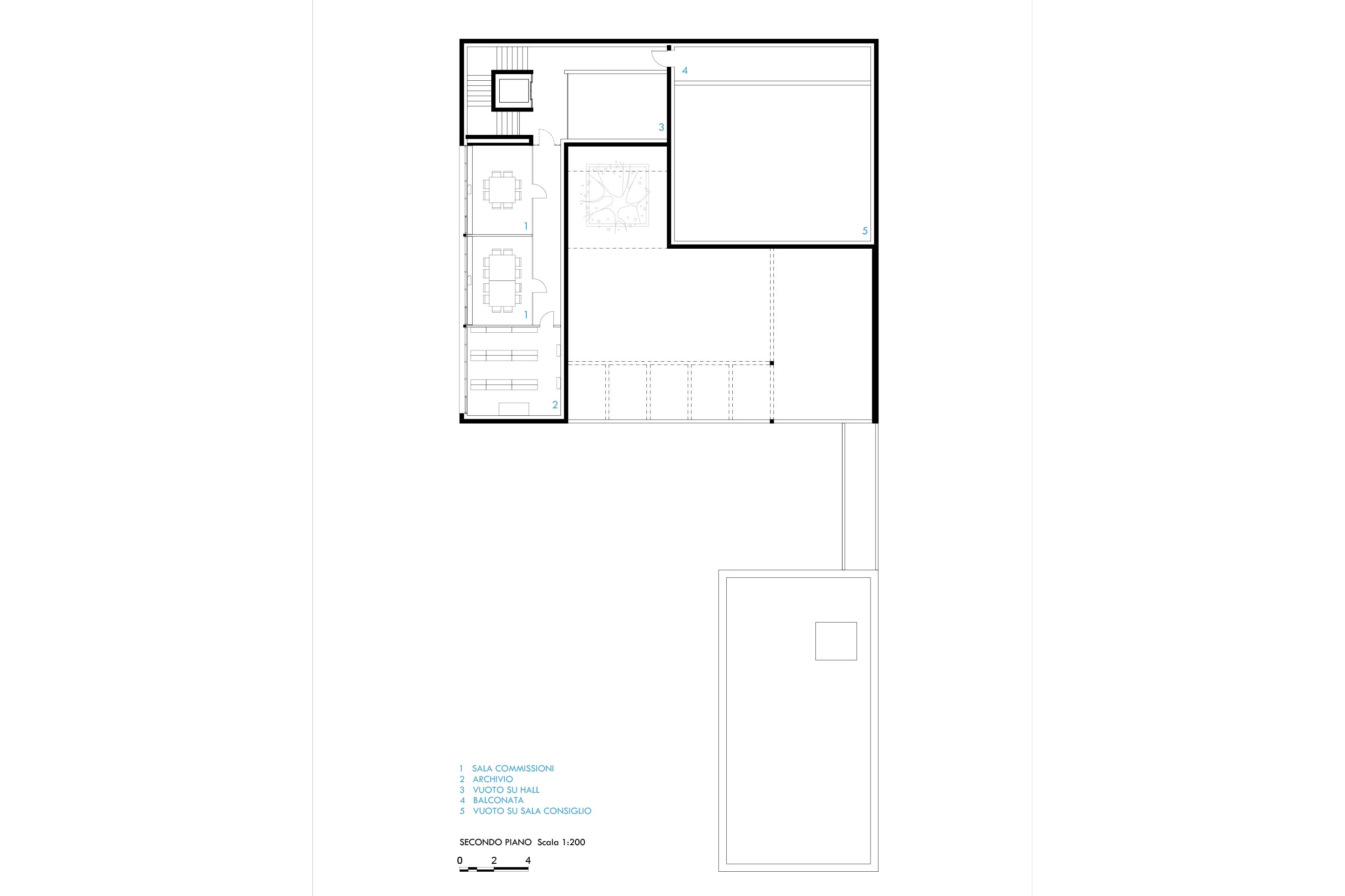 Pianta livello 2, uffici e balconata sulla sala consiliare.