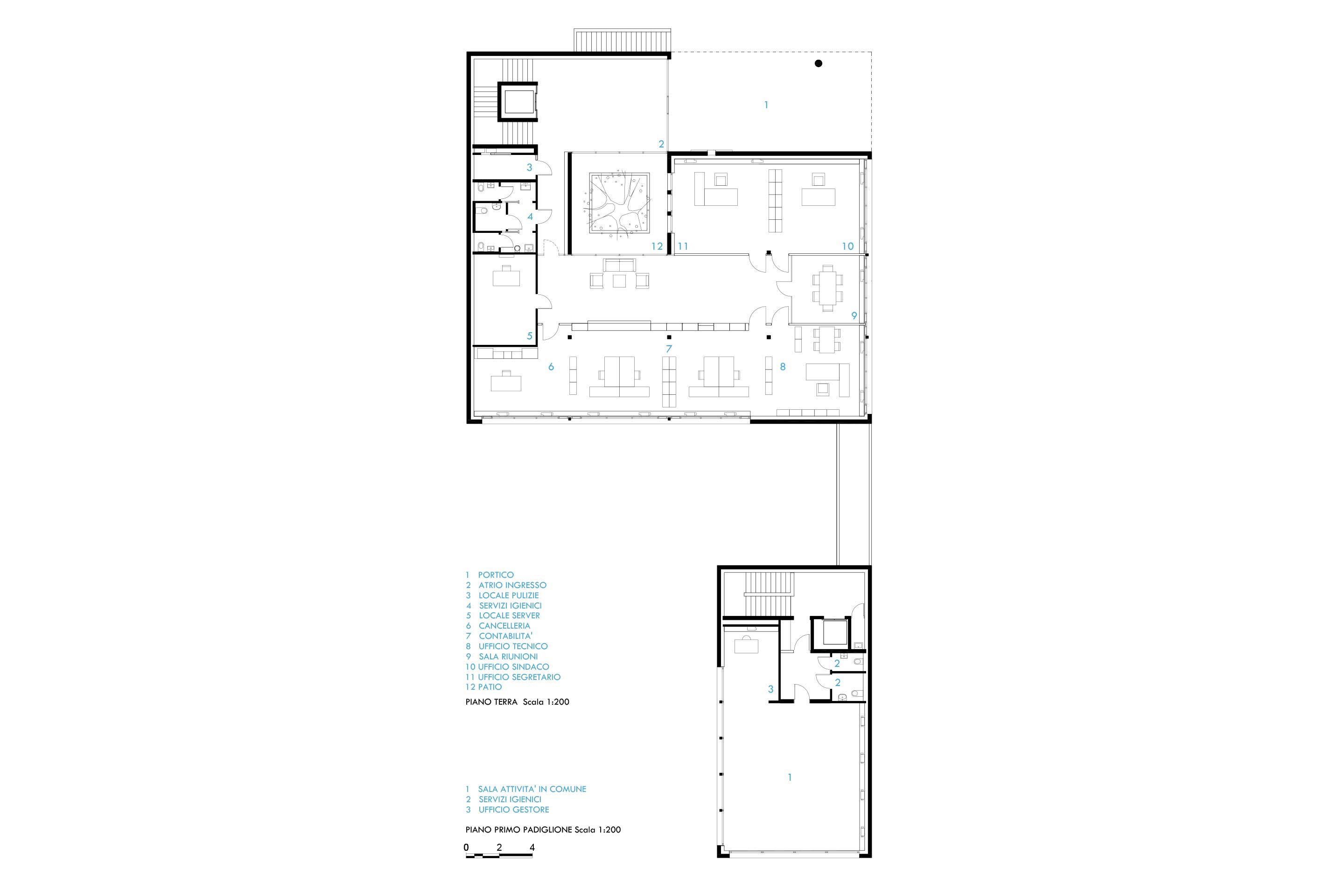 Pianta livello 0, ingresso e spazi amministrativi.