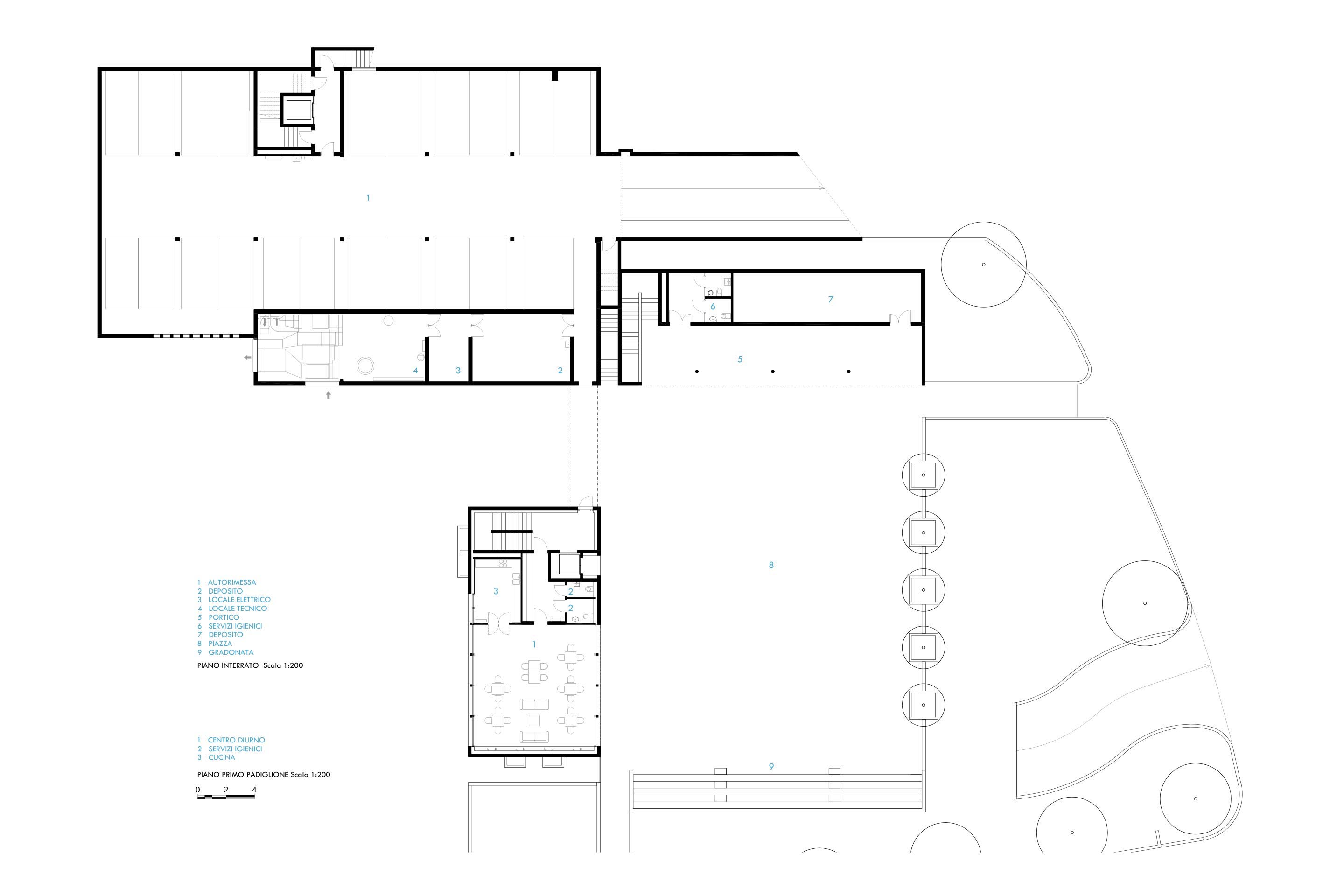 Pianta livello -1, piazza e centro diurno.