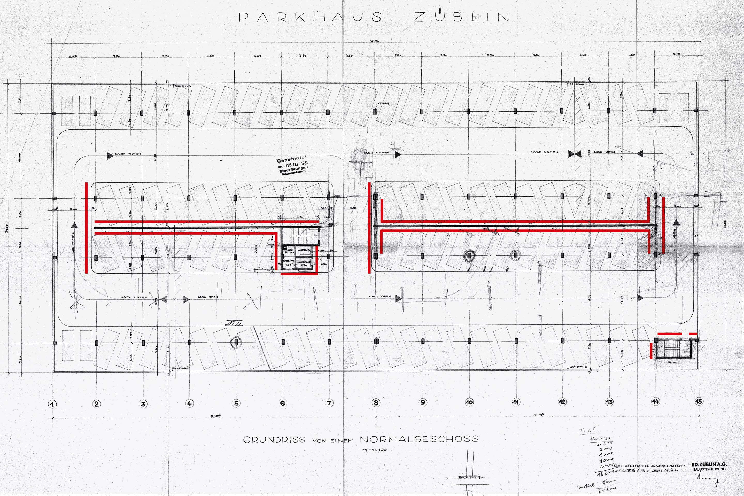 Das Züblin-Parkhaus in Stuttgart war in den 1960er-Jahren besonders innovativ, da die gesamten Parkflächen geneigt sind und der Bau ohne Rampen auskommt. Die roten Markierungen zeigen, wo die Fotoausstellung ins Parkhaus montiert wird