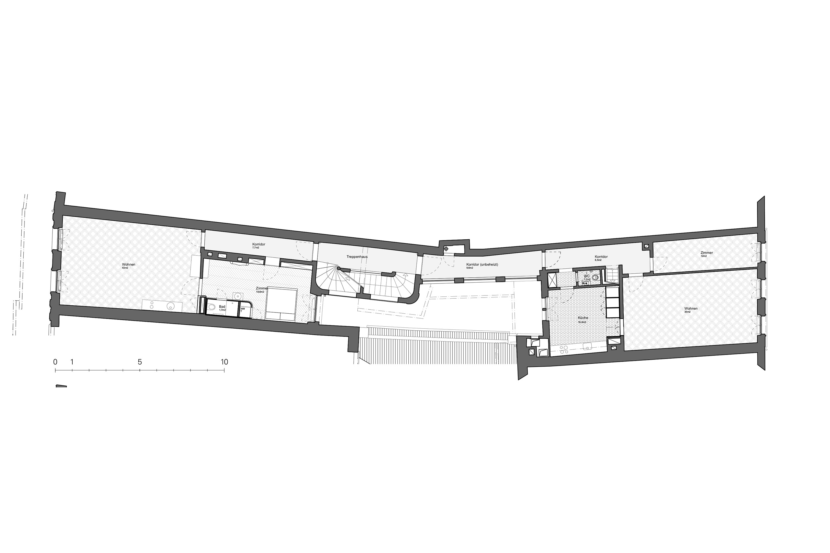 Im 3. Obergeschoss befindet sich auf Seite Kramgasse eine Zweizimmerwohnung, an der Münstergasse ist eine Viereinhalbzimmer-Duplex-Wohnung untergebracht.