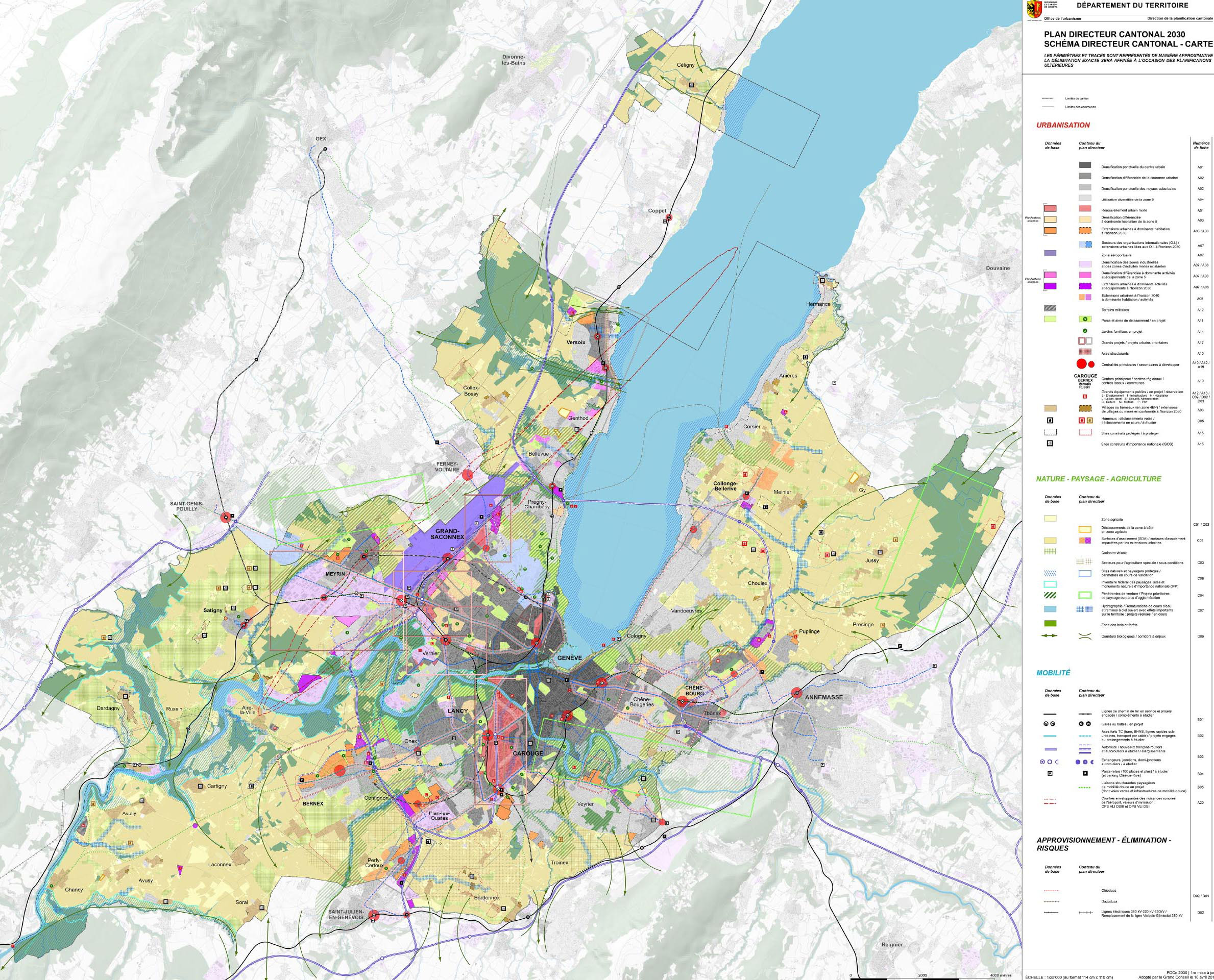 Ci-contre: extrait du plan directeur cantonal Genève 2030 (2015, 1re mise à jour 2019). En orange, les nouveaux quartiers sur les terres agricoles, «extensions urbaines à dominante habitation à l’horizon 2030». Parmi eux: Cherpines (Confignon et Plan-les-Ouates): 3700 logements, Grands Esserts (Veyrier): 1200 logements, Bernex: 5700 logements / 5700 emplois, Communaux d’Ambilly devenus Belle-Terre (Thônex): 2400 logements, La Chapelle-Les Sciers (Lancy, Plan-les-Ouates): 1300 logements, Les Vergers