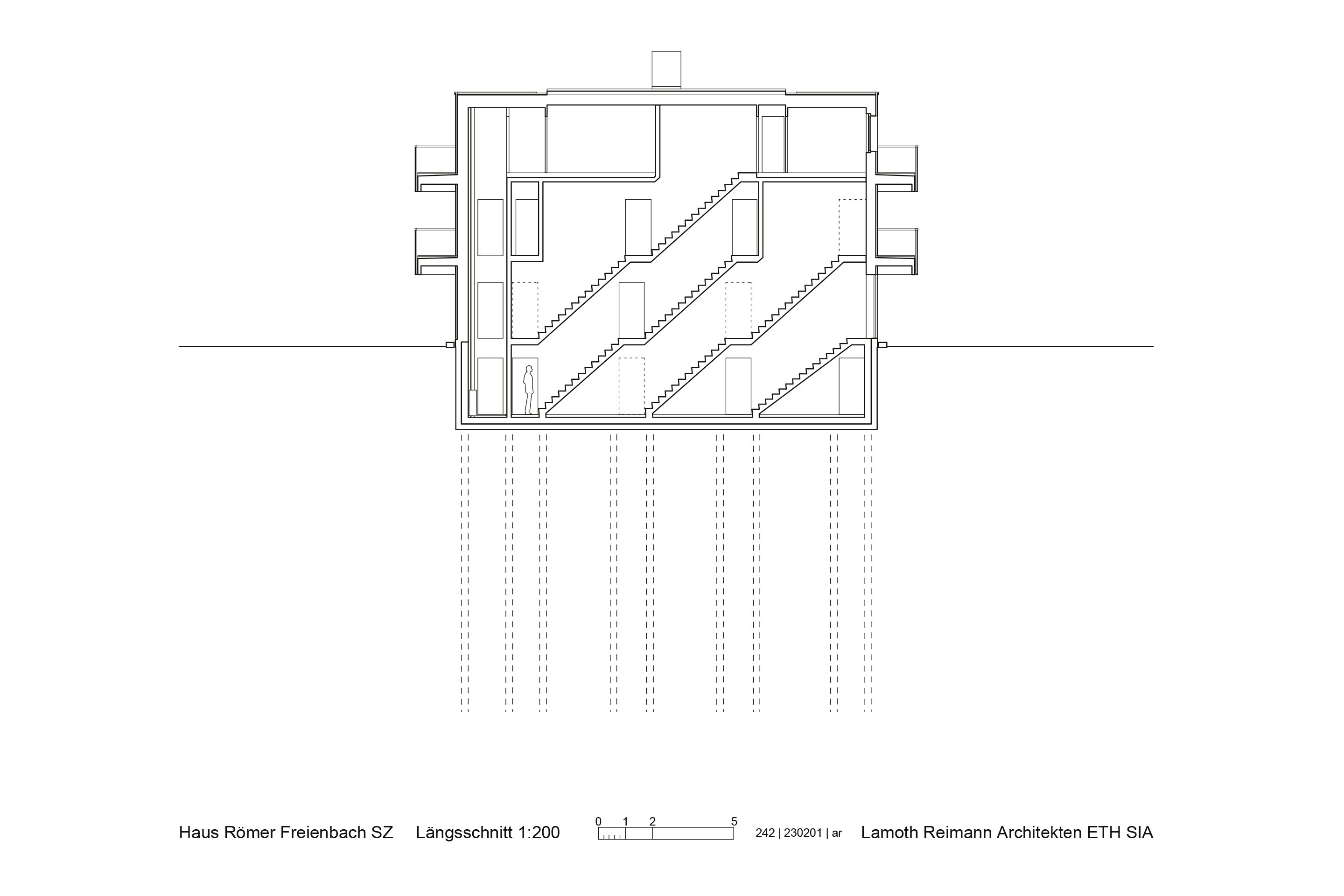 Schematischer Querschnitt durch das kompakte Gebäude,  mit einem Unter- und drei flexibel unterteilbaren ­Wohn­geschossen.