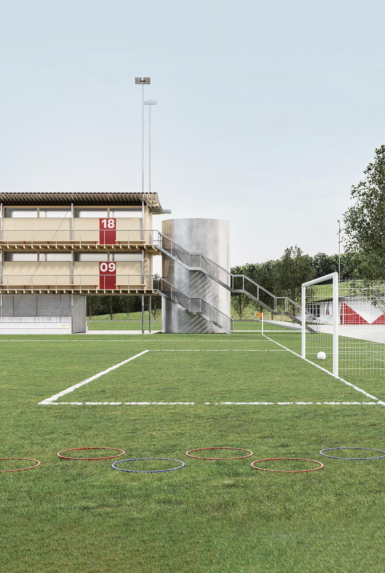 Interstices sportifs (1er rang, 1er prix), vue des vestiaires et d’une citerne.