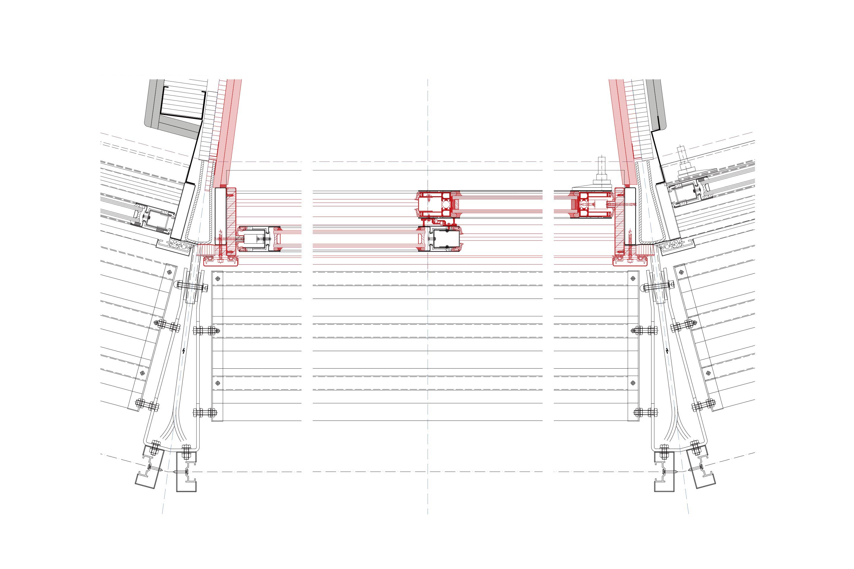 Pianta del particolare costruttivo dei serramenti della facciata delle torri residenziali. La struttura portante della facciata è stata conservata; i serramenti scorrevoli sono stati sostituiti per l’anta apribile, conservando i carrelli a rulli originali, mentre quella fissa è stata risanata.