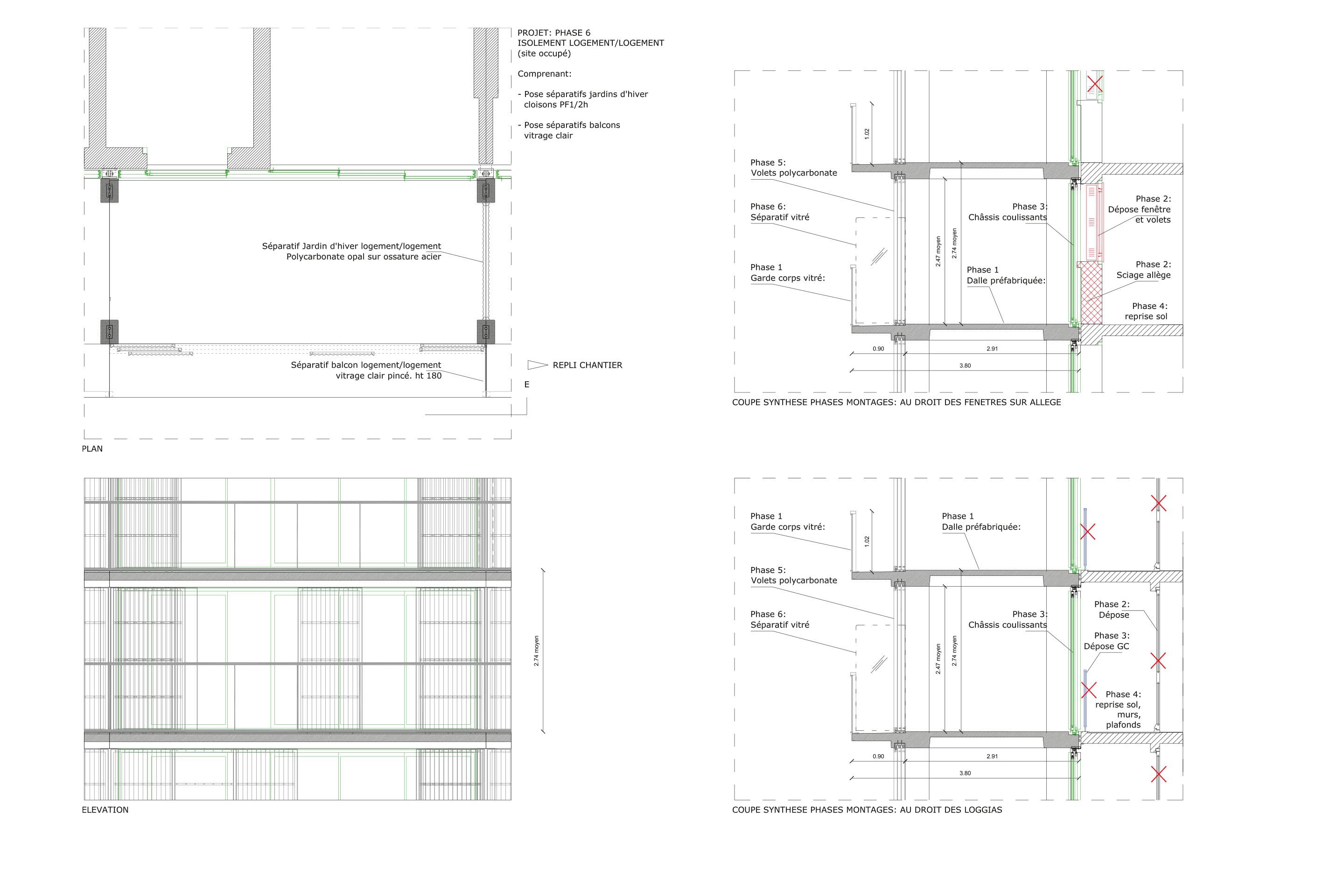Lacaton &amp; Vassal, Druot, Hutin, Cité du Grand Parc, Bordeaux, 2017. Assonometria dell’estensione volumetrica e dettaglio costruttivo della connessione alla struttura prefabbricata esistente.