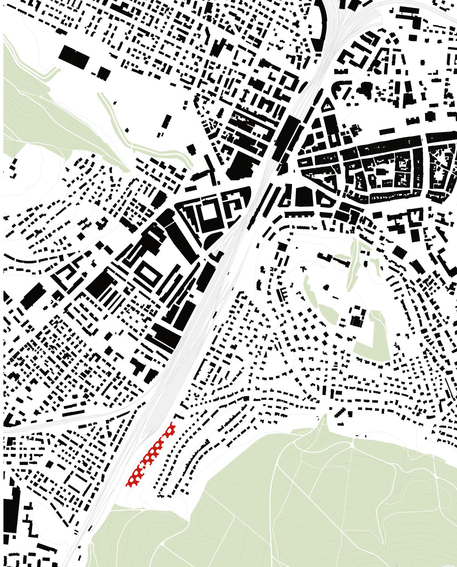 Die Siedlung nimmt den Rhythmus der umgebenden Gartenstadtviertel auf, markiert aber zugleich eine entschiedene Präsenz gegenüber den Gleisen. Oben Bahnhof und Altstadt von Winterthur.