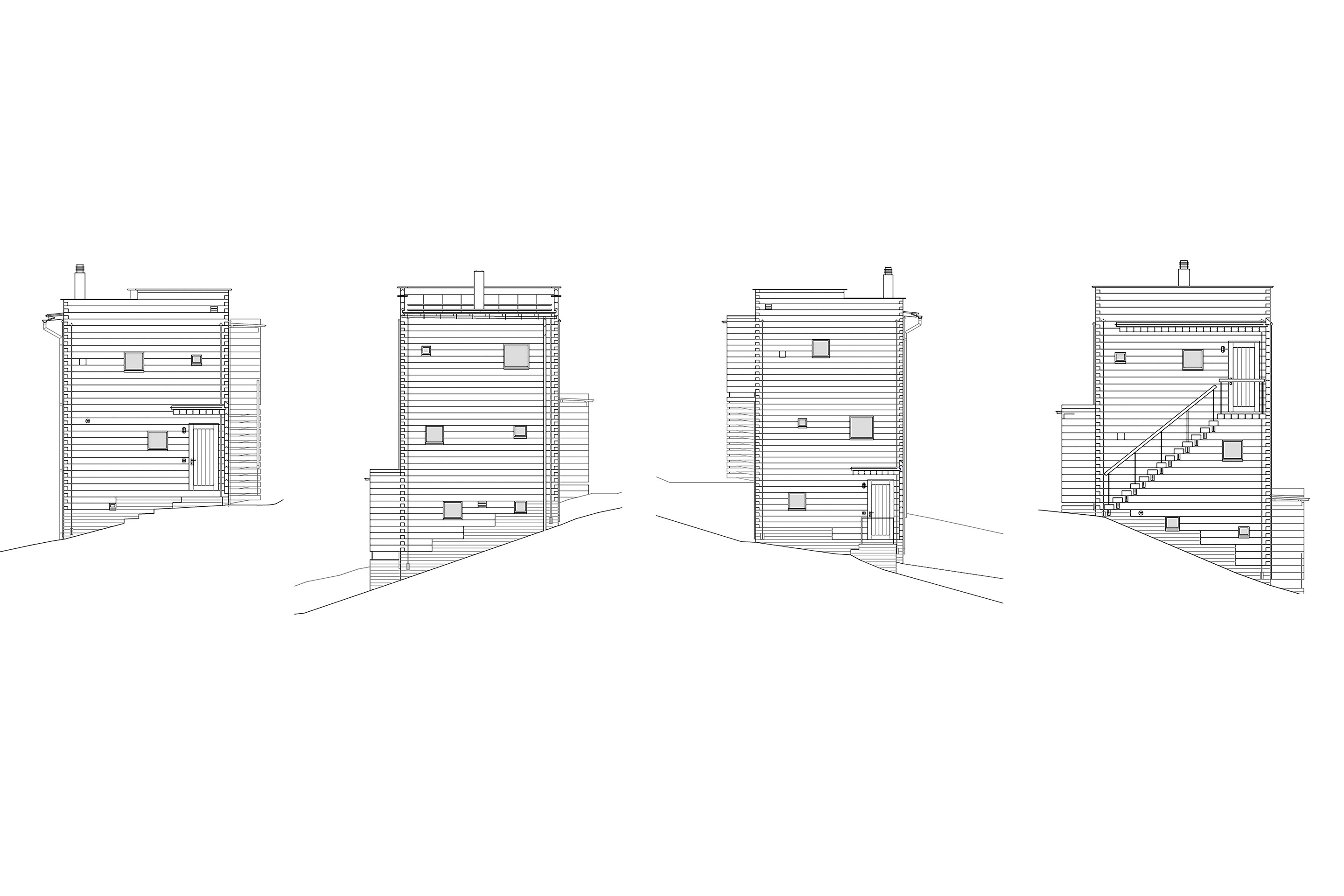 Ansichten des Neubaus. Von links nach rechts: Osten, Süden, Westen, Norden.