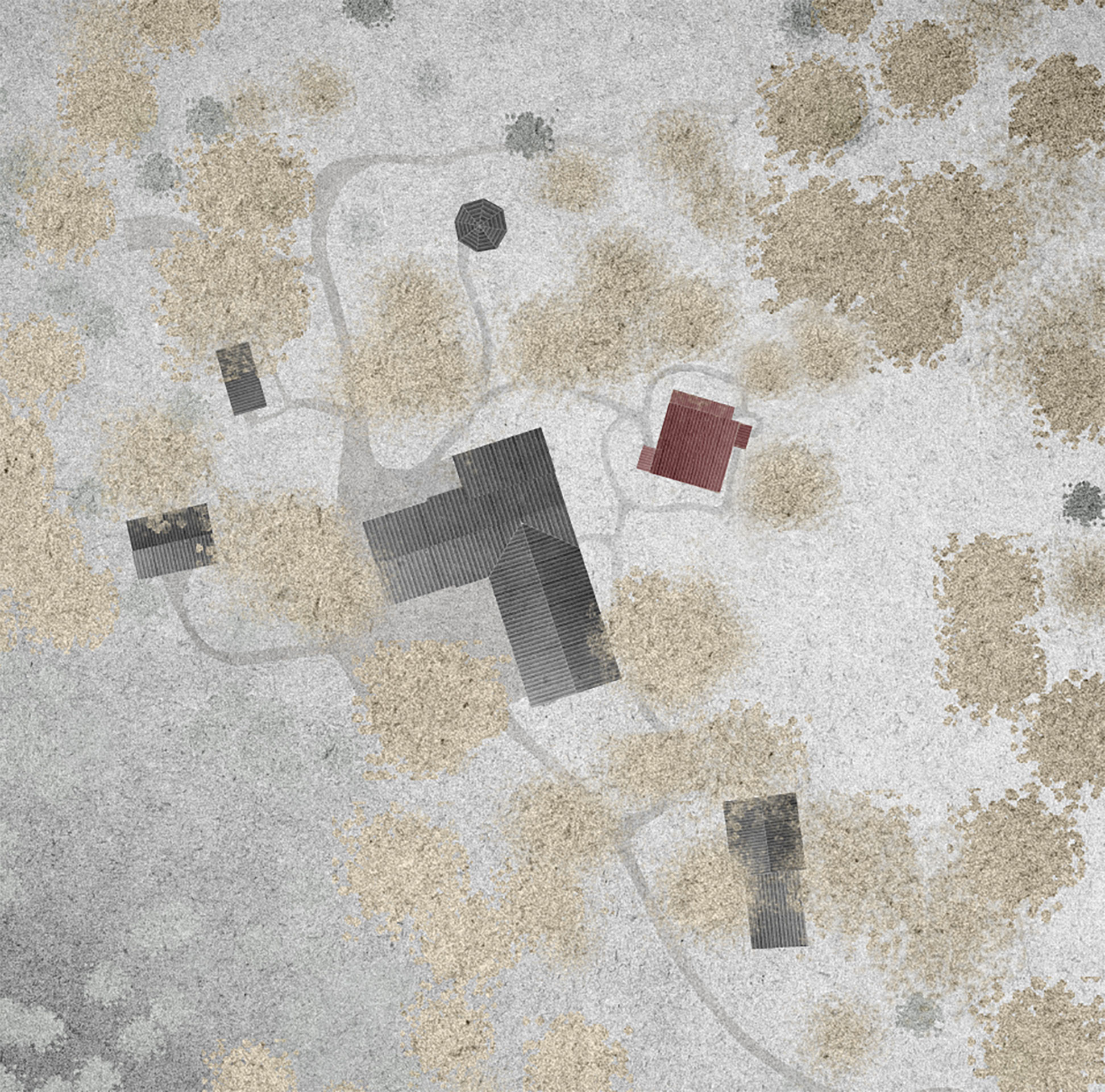 Situation mit dem grossen Bestandsgebäude in dem Neubau in Rot.