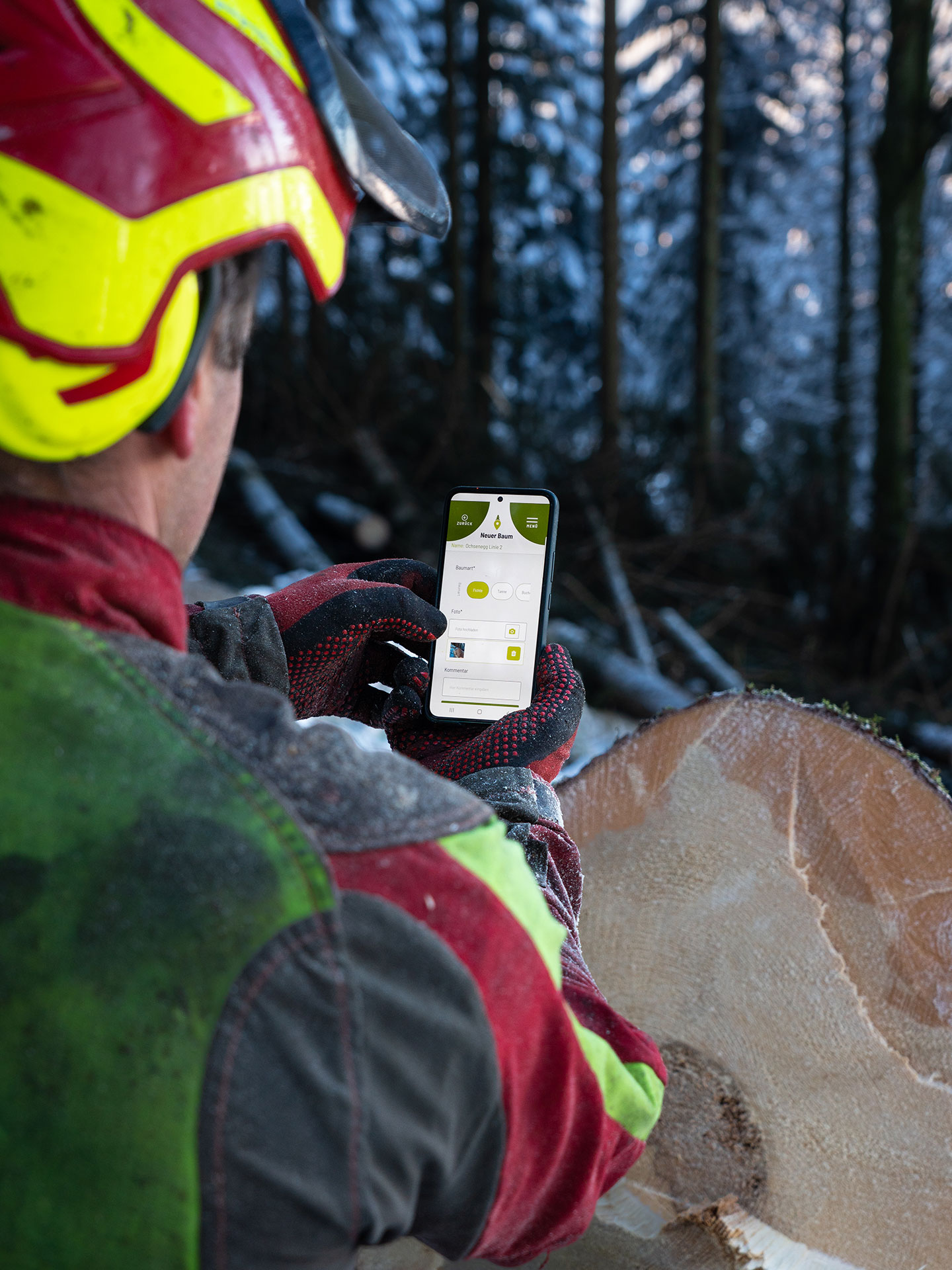 Die erfassung per App beginnt beim Schlagen des Holzes im Wald.