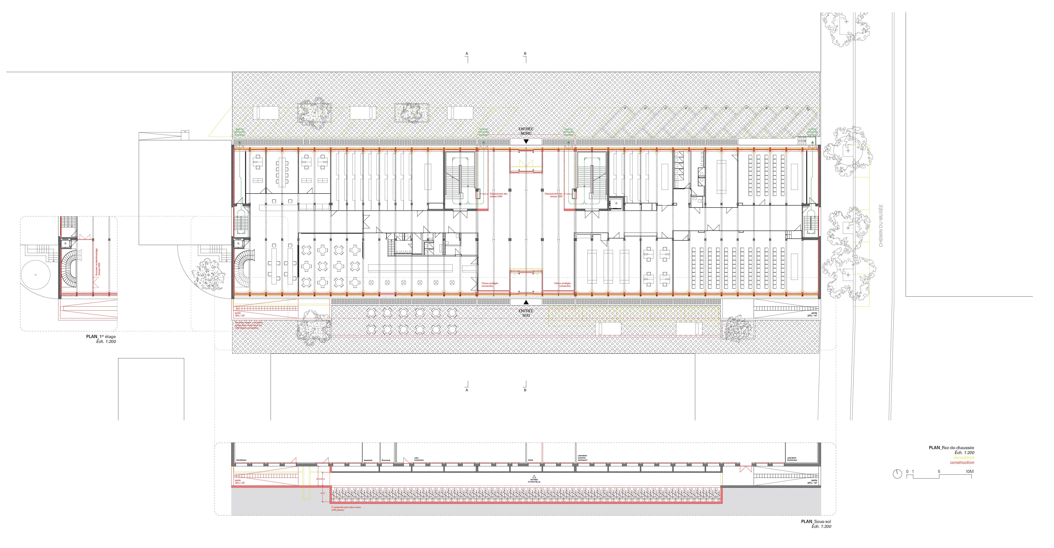 MAGNOLIA, Plan du rez-de-chaussée et du sous-sol. Démolition (En jaune). Construction (En rouge)